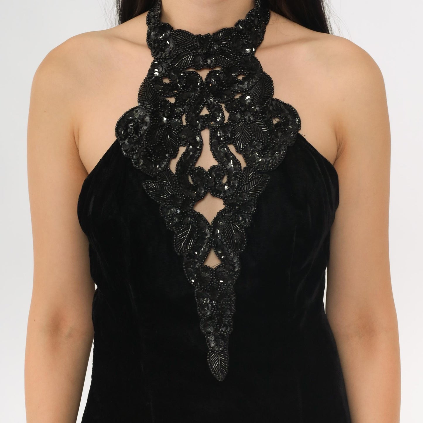 90s Hugo Buscati Milano Black Velvet Beaded Halter Maxi Dress Open Back Small