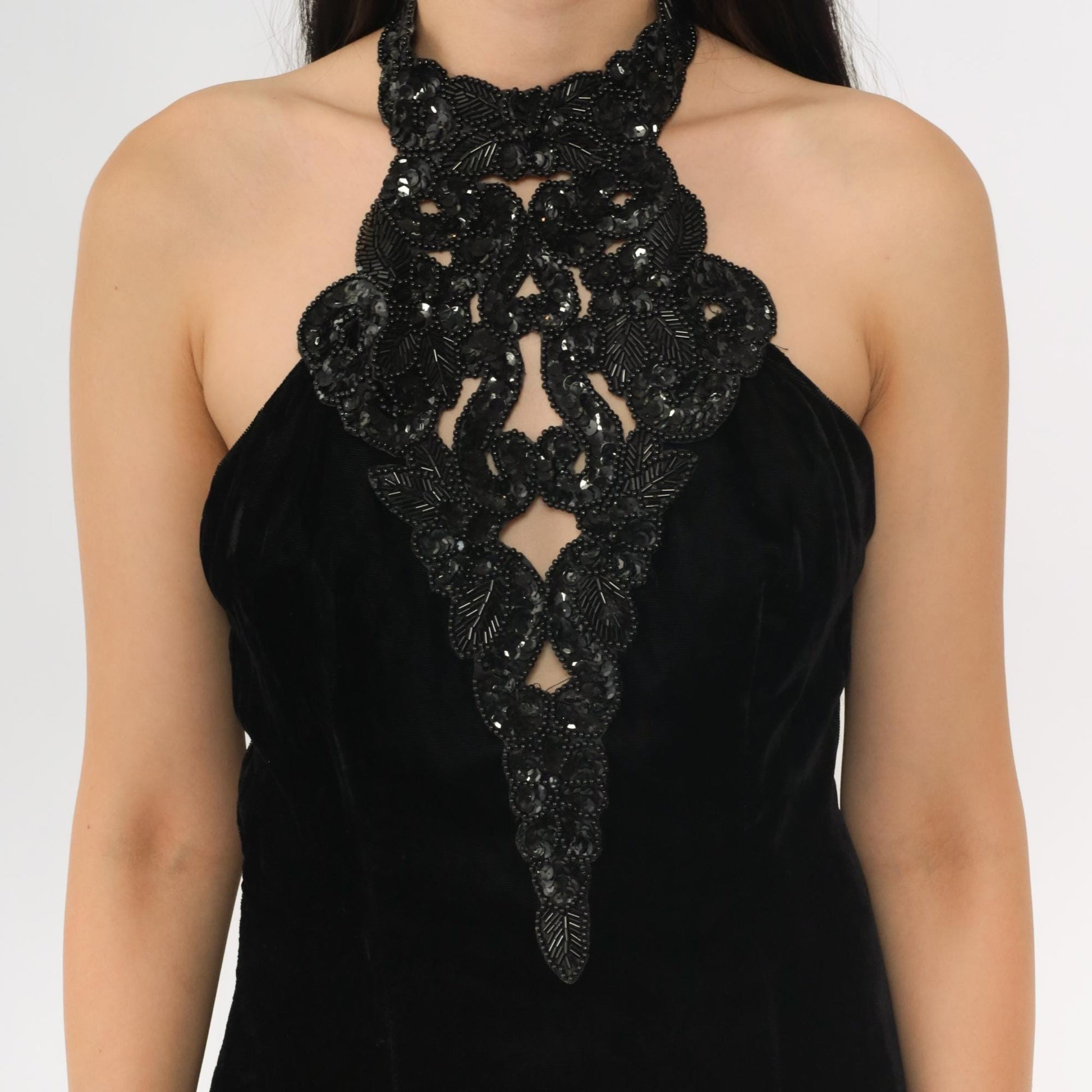90s Hugo Buscati Milano Black Velvet Beaded Halter Maxi Dress Open Back Small