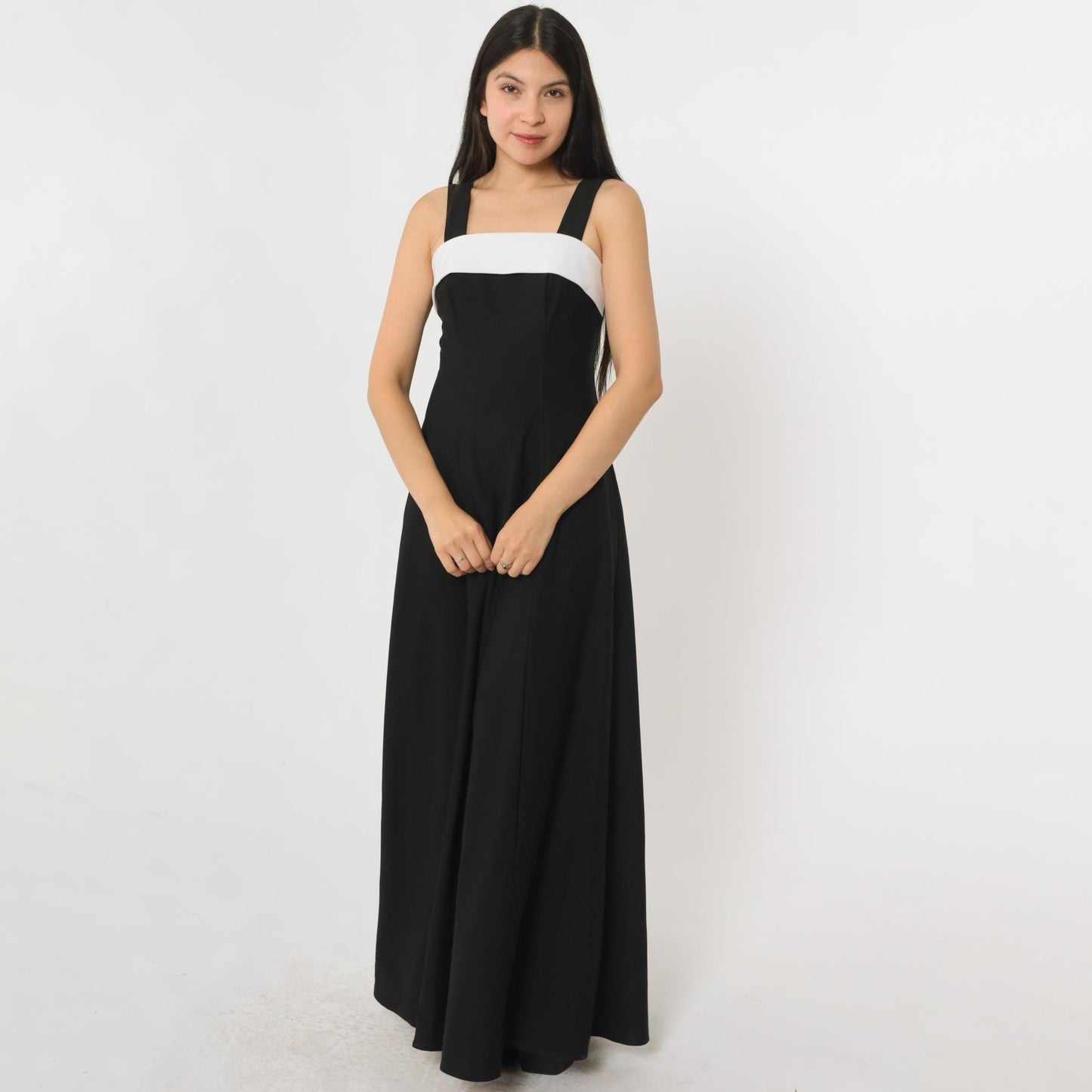Y2K Black Maxi Dress White Chest Panel Square Neck Sleeveless Extra Small