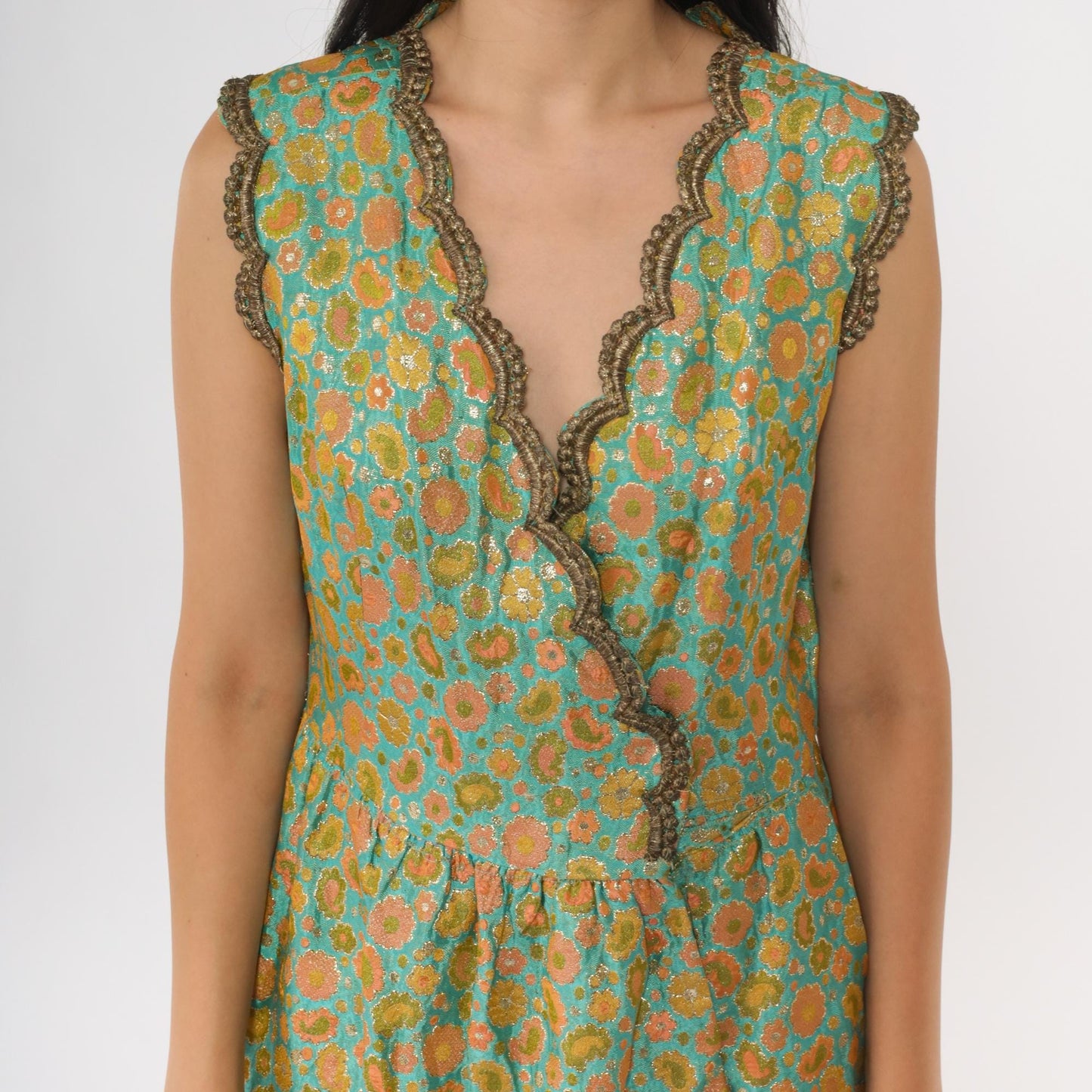60s Oscar de la Renta Turquoise Brocade Dress Metallic Floral V Neck Small