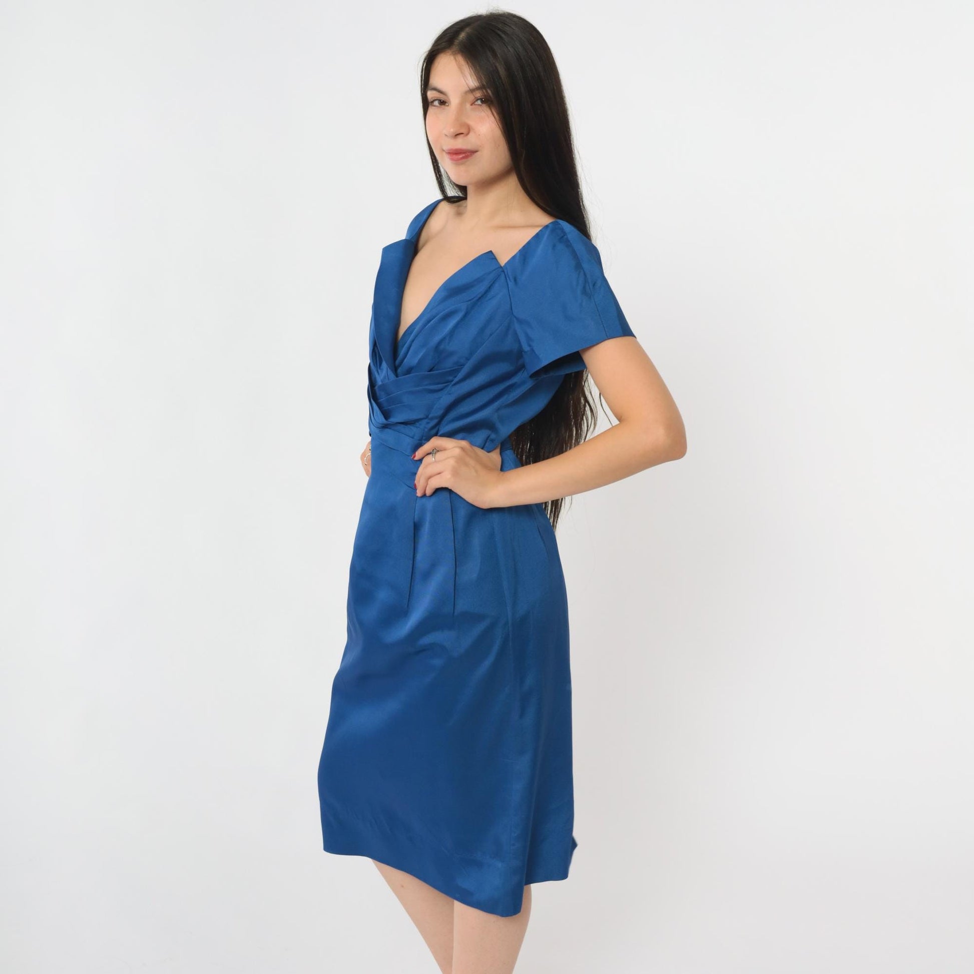 1960s Royal Blue Cocktail Dress Sculptural Neckline Midi Sheath Small S