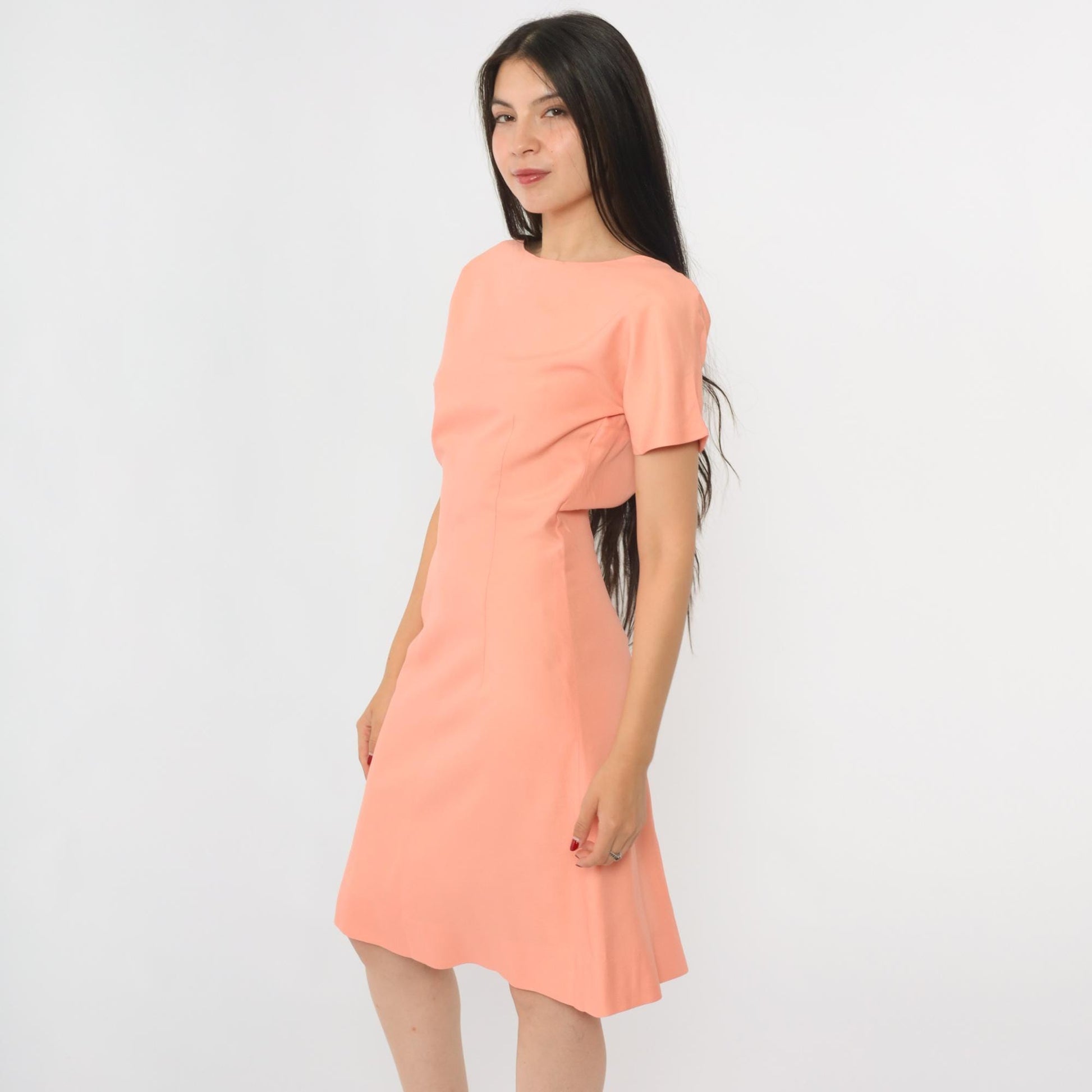 60s Peach Pink Sheath Dress Knee Length Short Sleeve Cocktail Small S