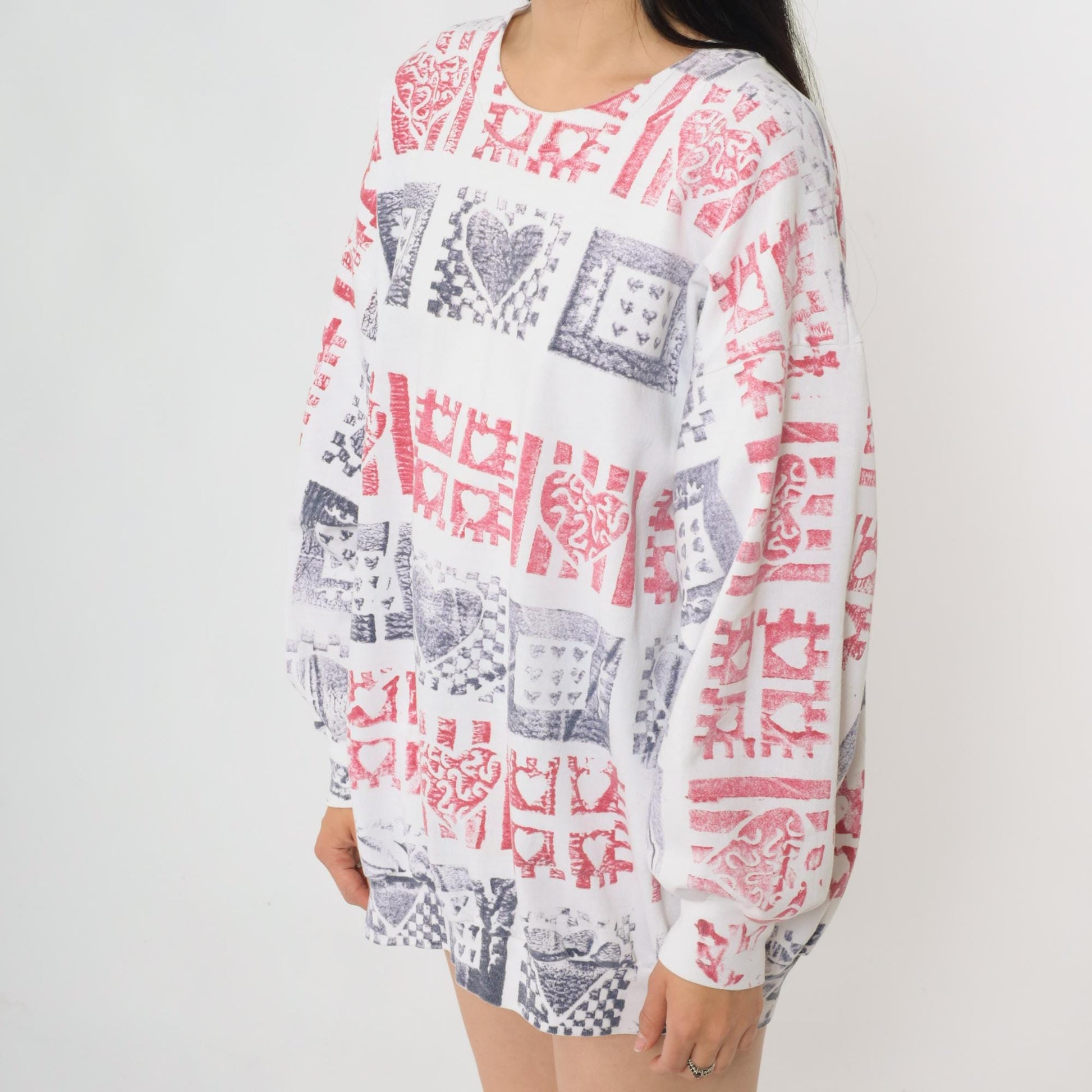 90s Heart Block Print Sweatshirt White Crewneck Pullover Extra Large XXL