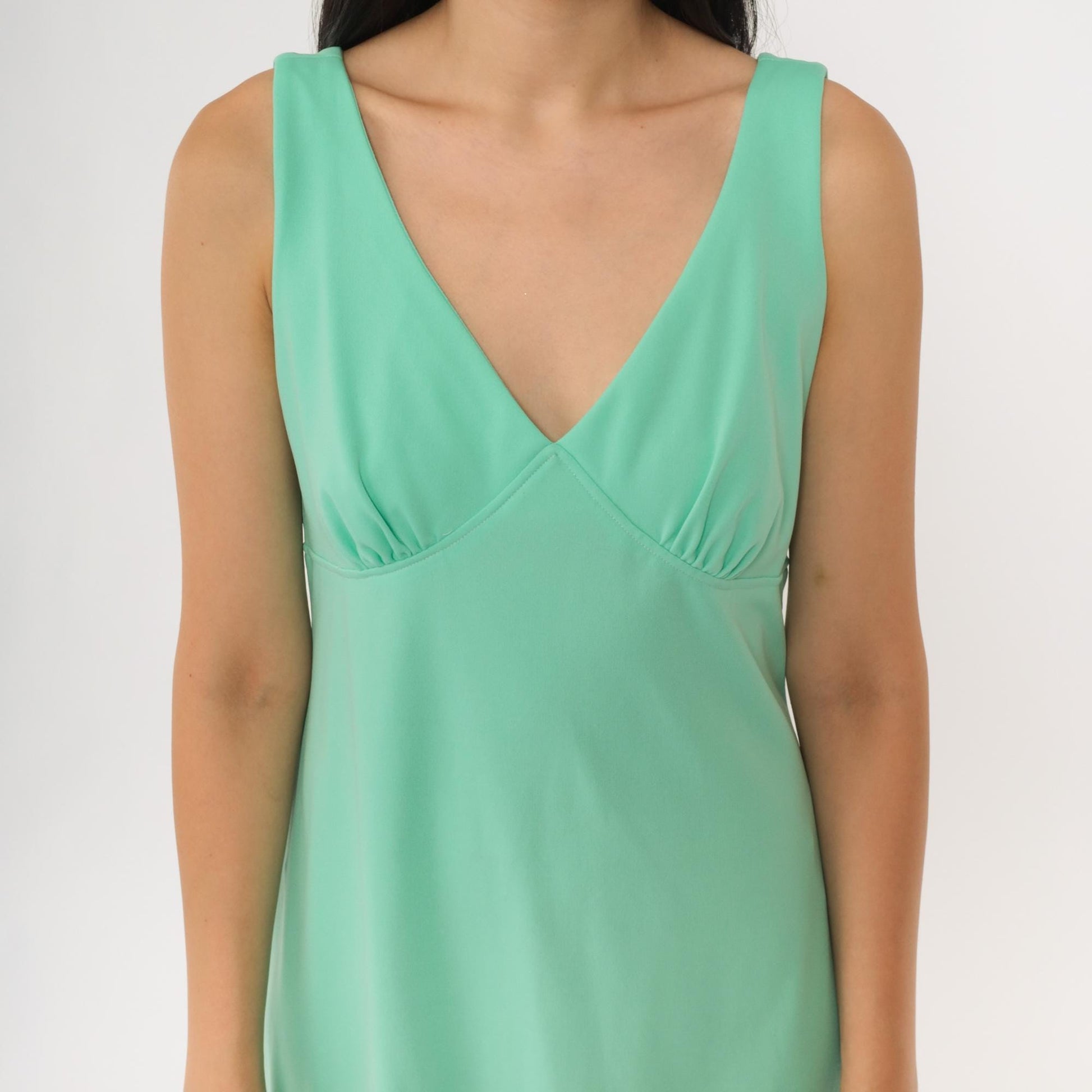 70s Mint Green Mini Dress V-Neck Empire Waist Sleeveless Disco Medium M