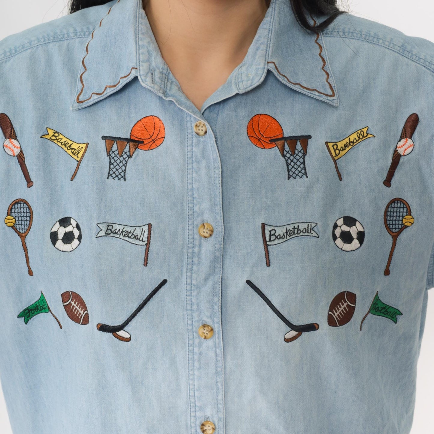90s Westbound Denim Button Up Shirt Embroidered Sports Design Blue Medium M