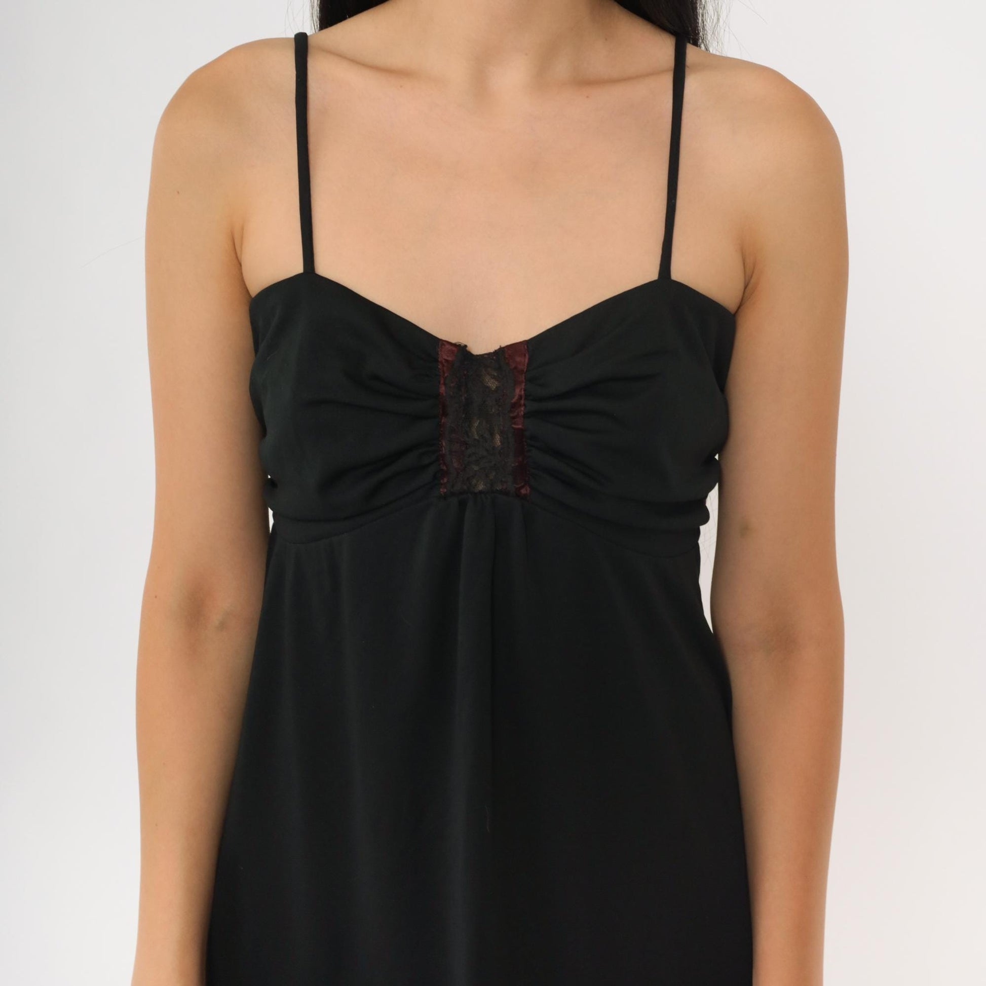 70s Black Mini Dress Empire Waist Lace Trim Spaghetti Strap Medium