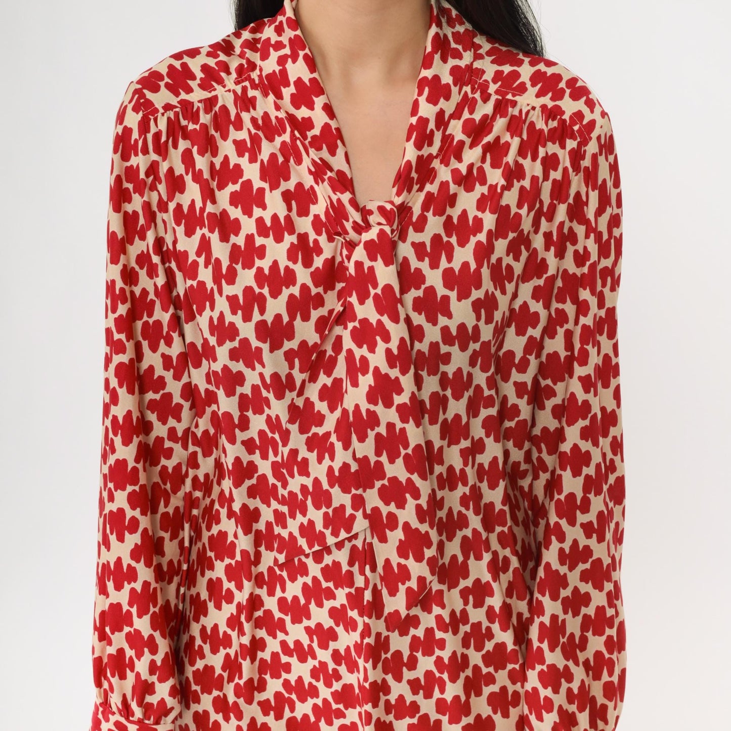 1970s Ascot Shift Dress Red Geometric Print Mini White Long Sleeve Medium Large