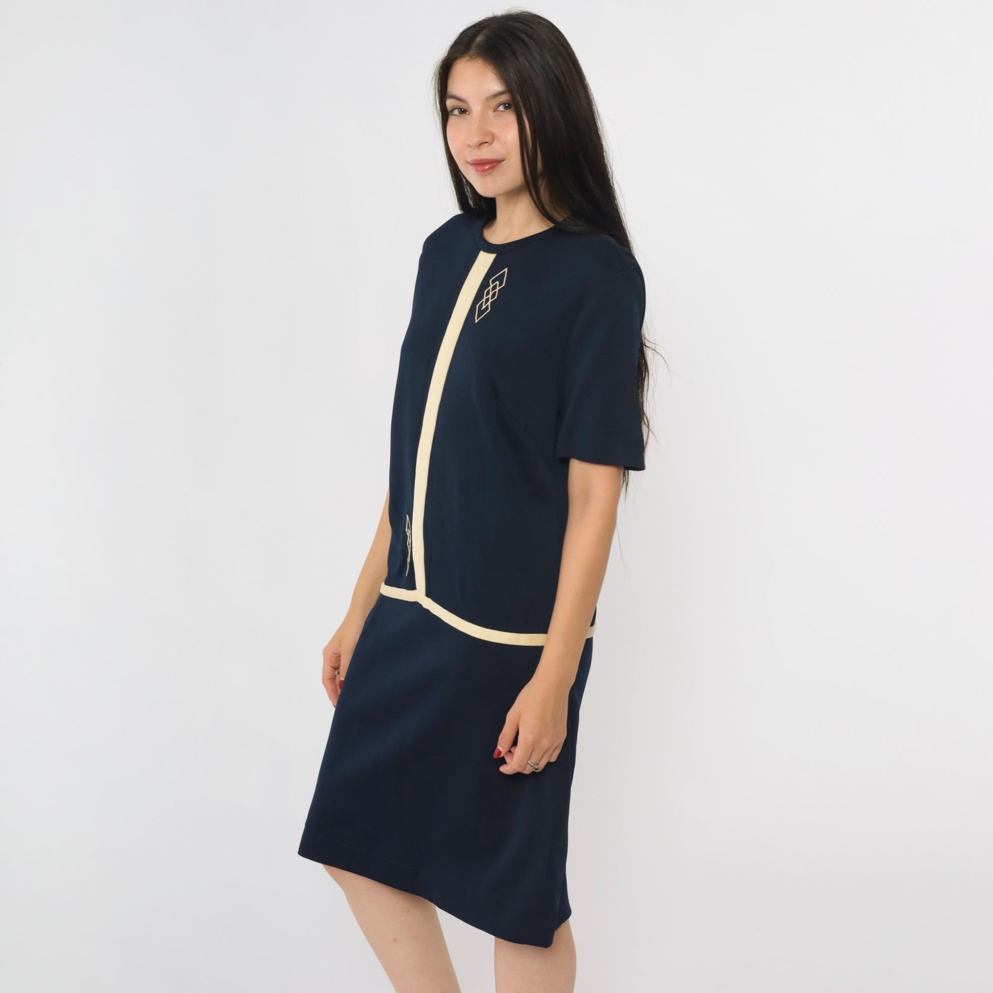 1960s Mod Scooter Dress Navy Geometric Drop Waist Shift Knee-Length Medium M