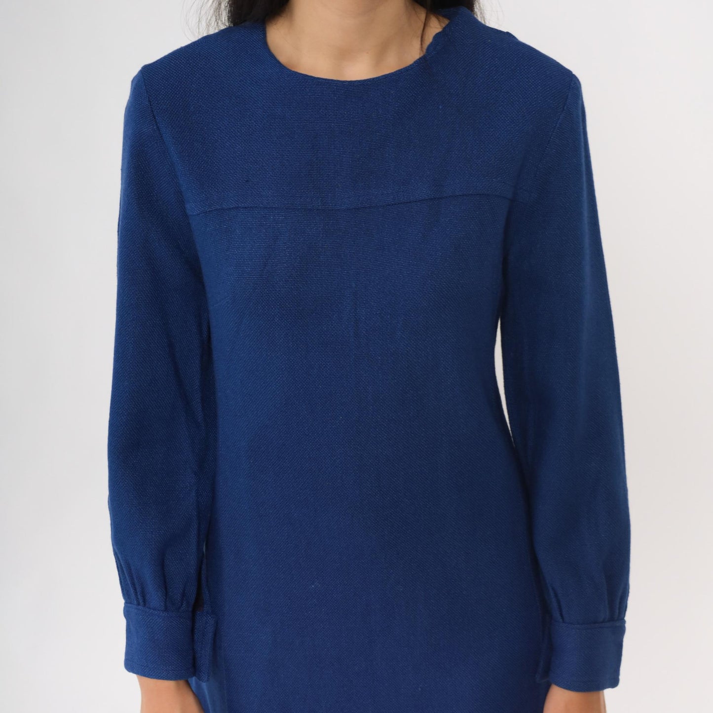 60s Blue Mod Shift Mini Dress Long Sleeve Rear Zip Extra Small