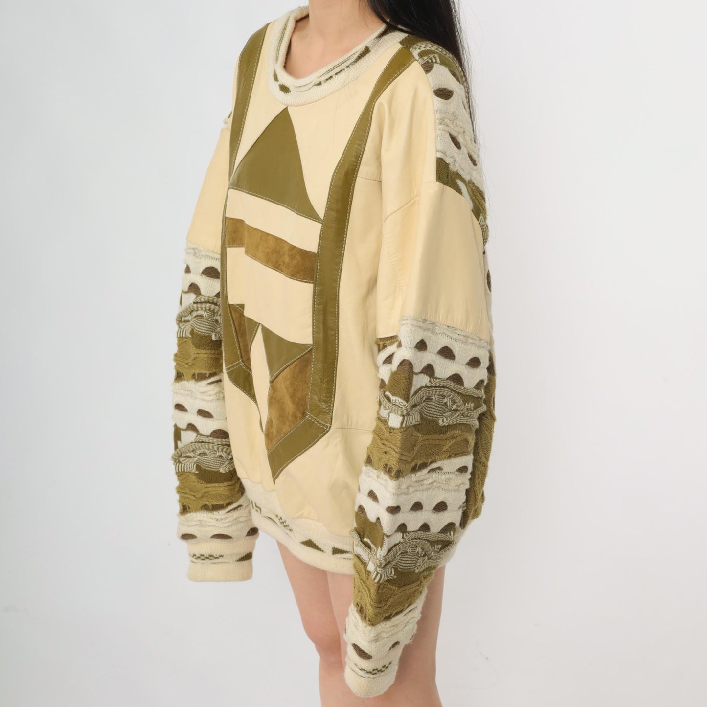 80s Patchwork Leather Sweater Cream Geometric Crewneck Large L