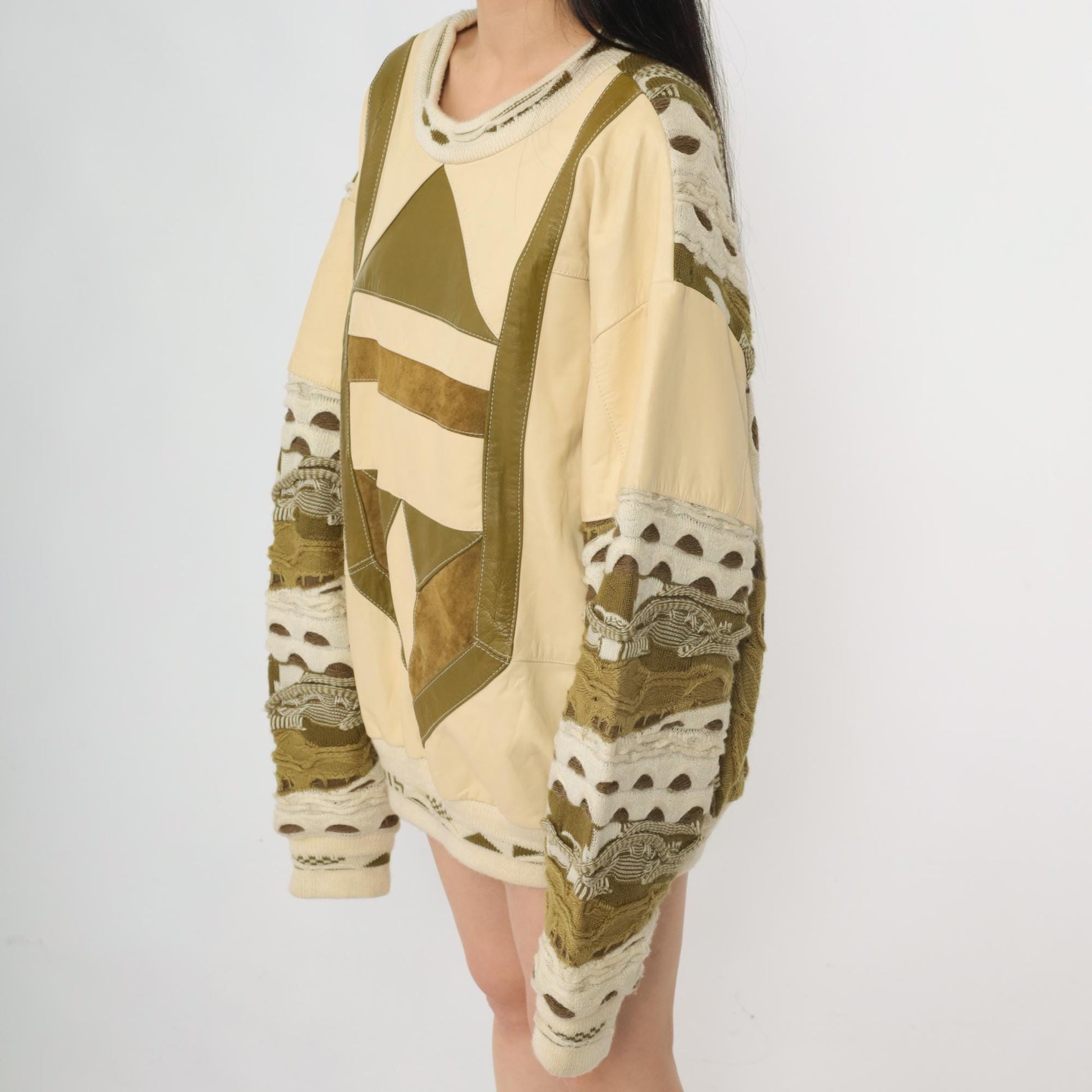 80s Patchwork Leather Sweater Cream Geometric Crewneck Large L