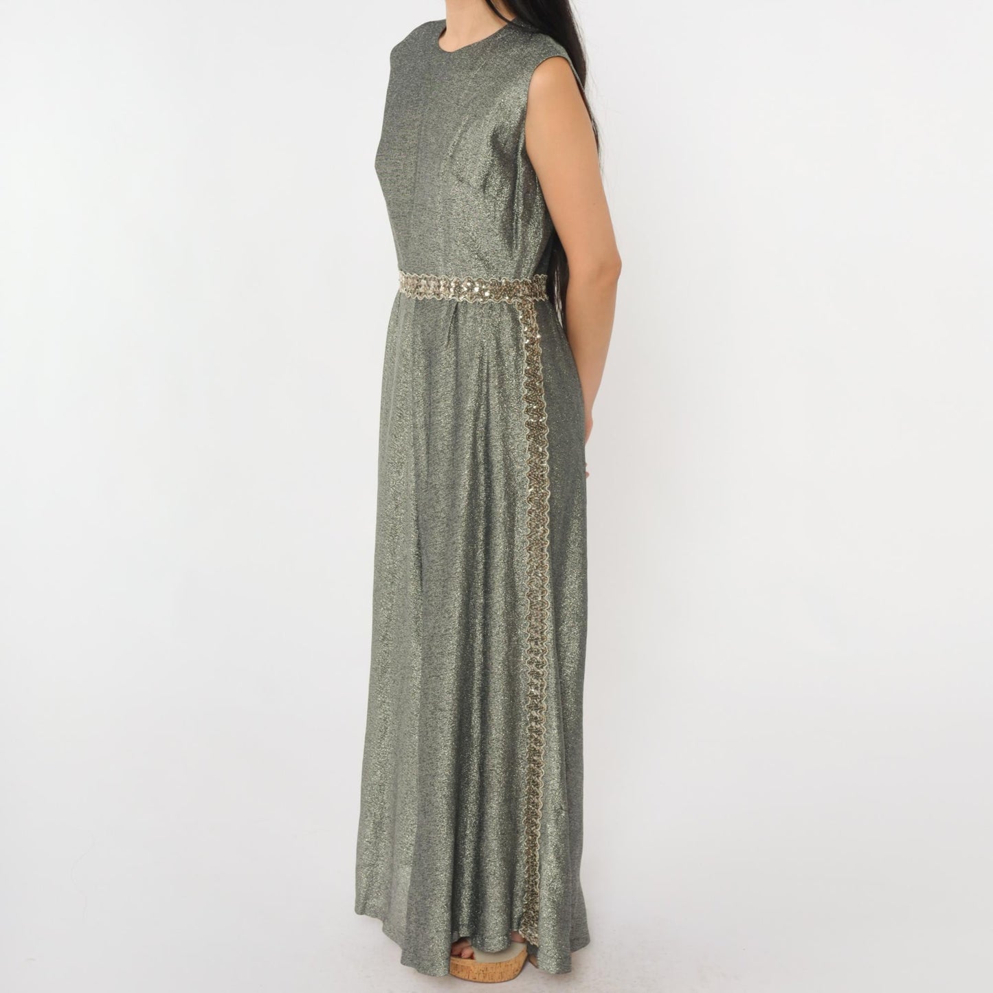 70s Silver Sequined Maxi Dress High Waisted Sleeveless Evening Gown Small