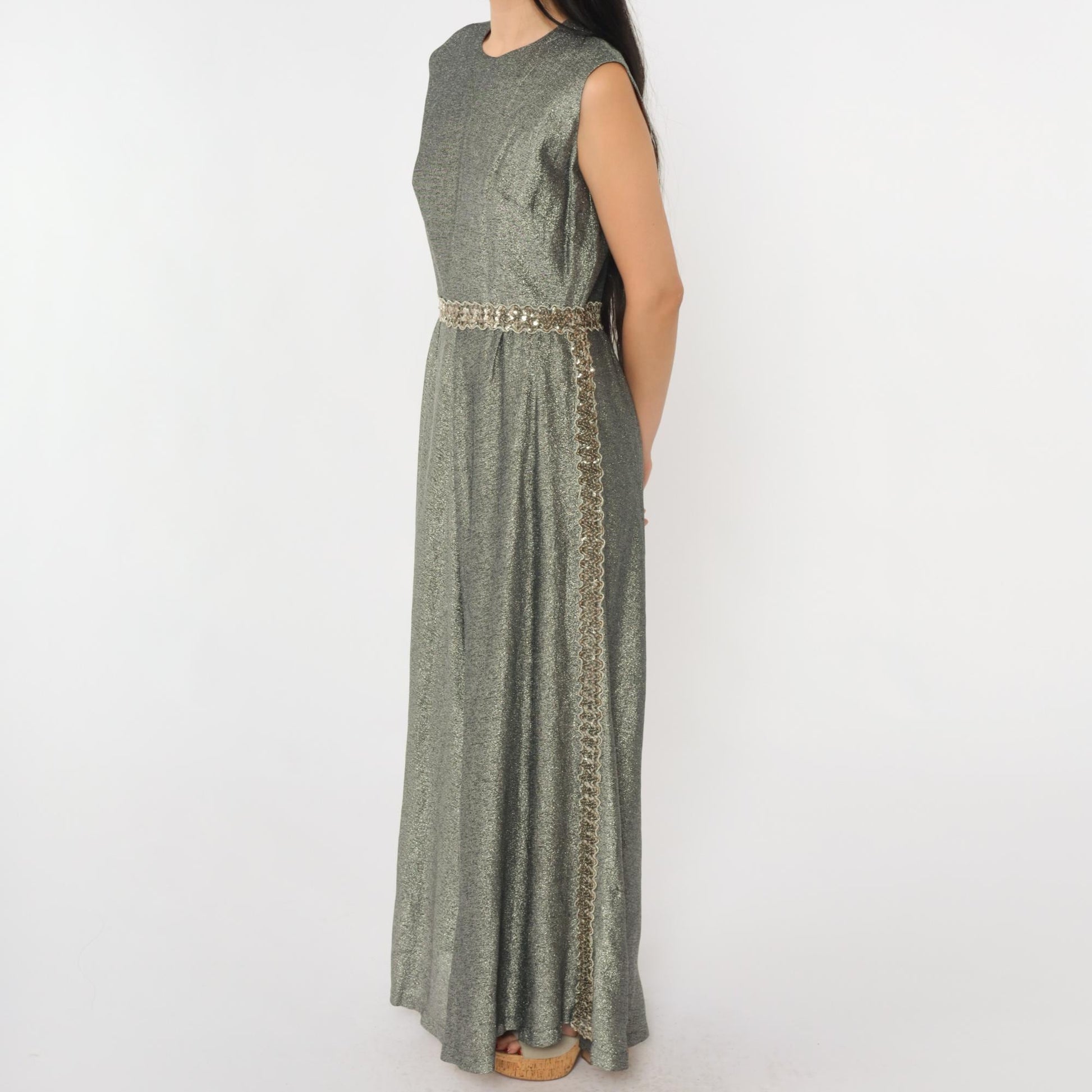 70s Silver Sequined Maxi Dress High Waisted Sleeveless Evening Gown Small