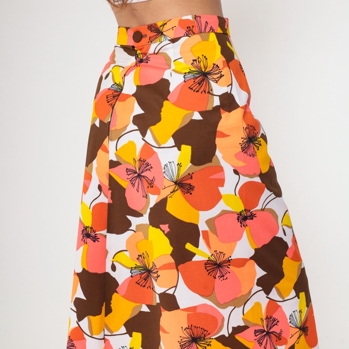 70s Floral Maxi Skirt High Waist Tropical Print Coral Orange Brown Medium