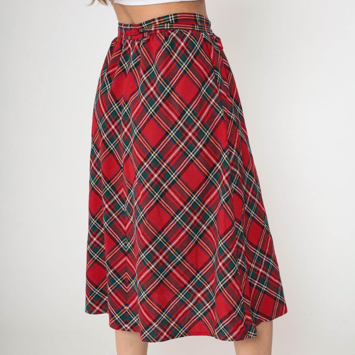 70s Red Plaid Wool Midi Skirt High Waisted A-Line Tartan Small