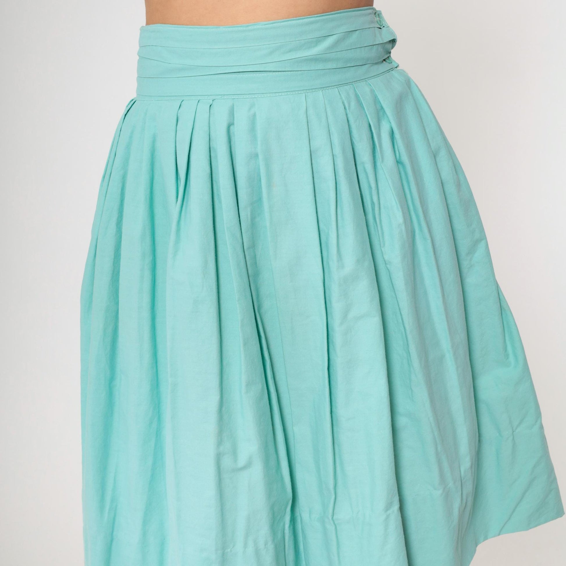 60s Seafoam Pleated High-Waist Skirt Mint Blue Knee-Length Small S