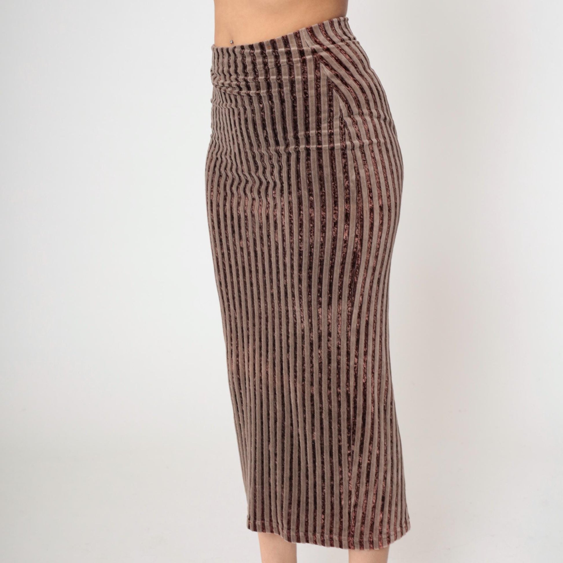 90s Brown Striped Velvet Midi Skirt High Waist Bodycon Pencil Medium