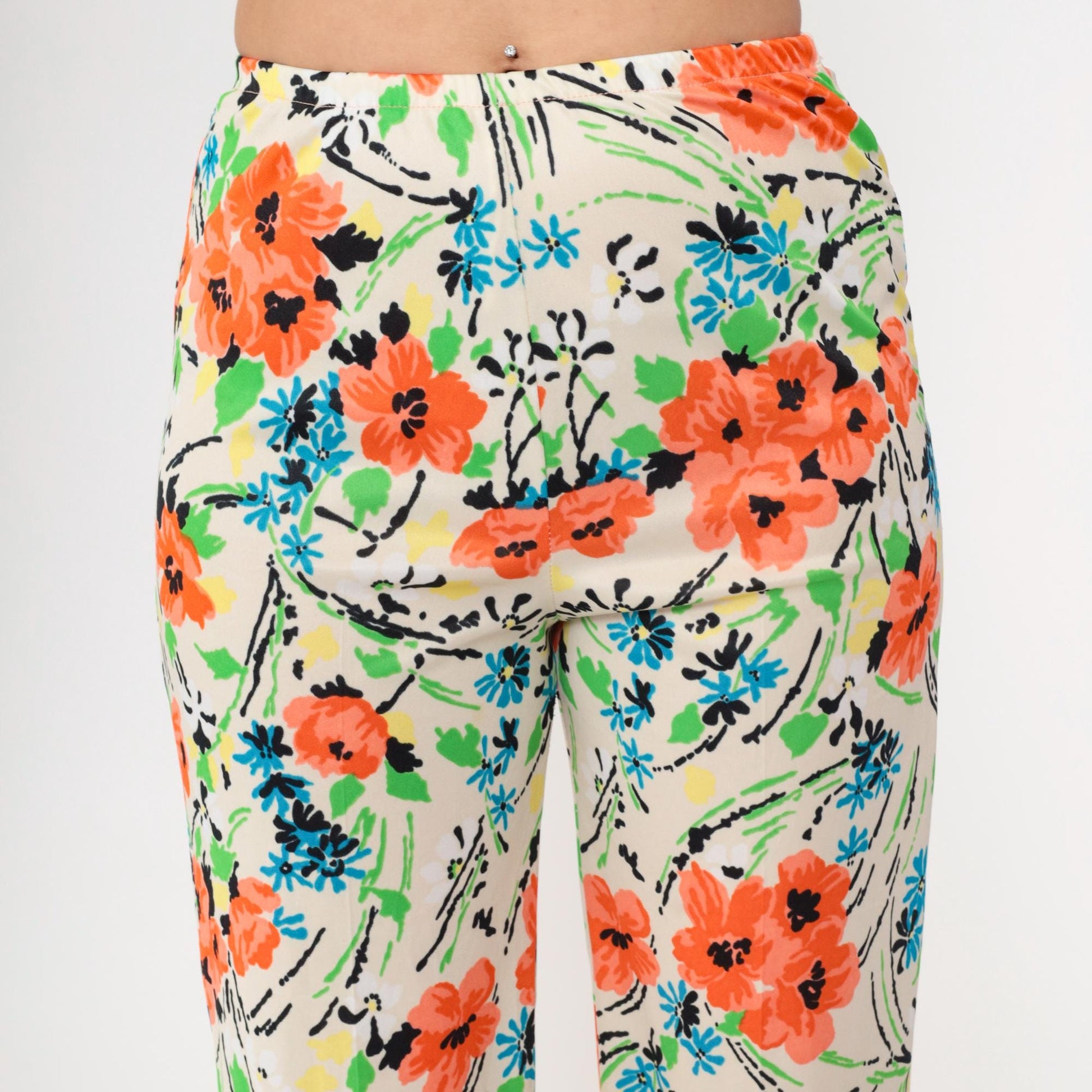 70s Floral Straight Leg Pants Cream Orange High Waist Elastic Pull On XS