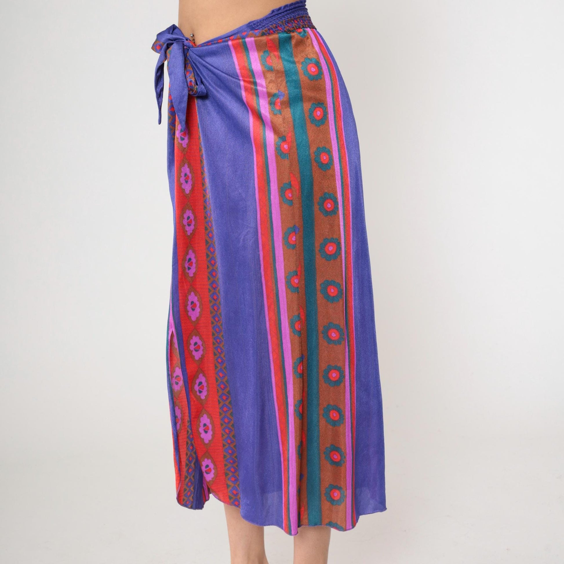 70s Stewart Striped Midi Skirt Purple Red Tie Waist Front Slit Medium