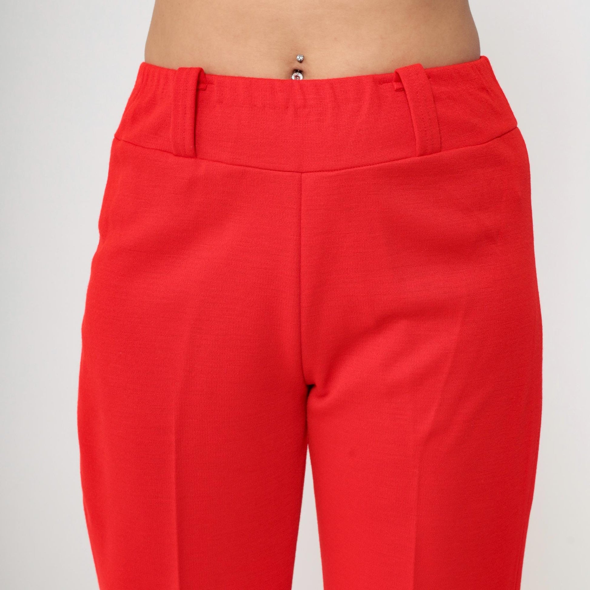 70s Red Flared High-Waist Trousers Cuffed Creased Vintage Pants Medium M