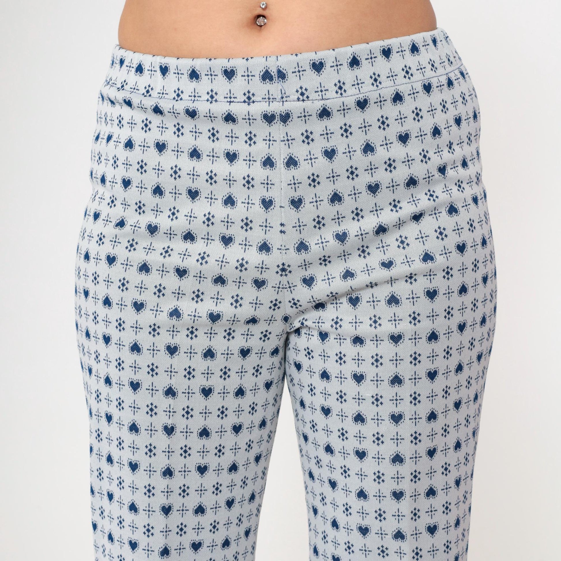 70s Heart Print Flared Trousers Grey Blue High Waisted Bell Bottoms Small