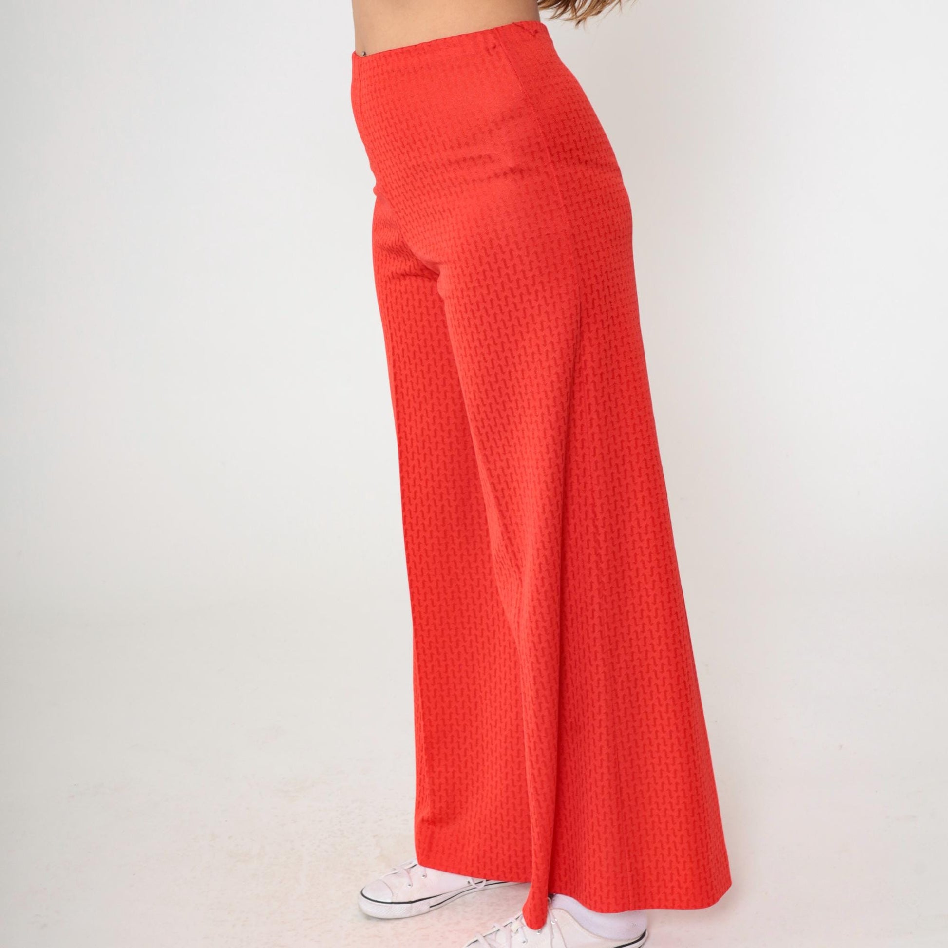 70s Red Wide Leg Flared Pants High Rise Geometric Texture Small Medium
