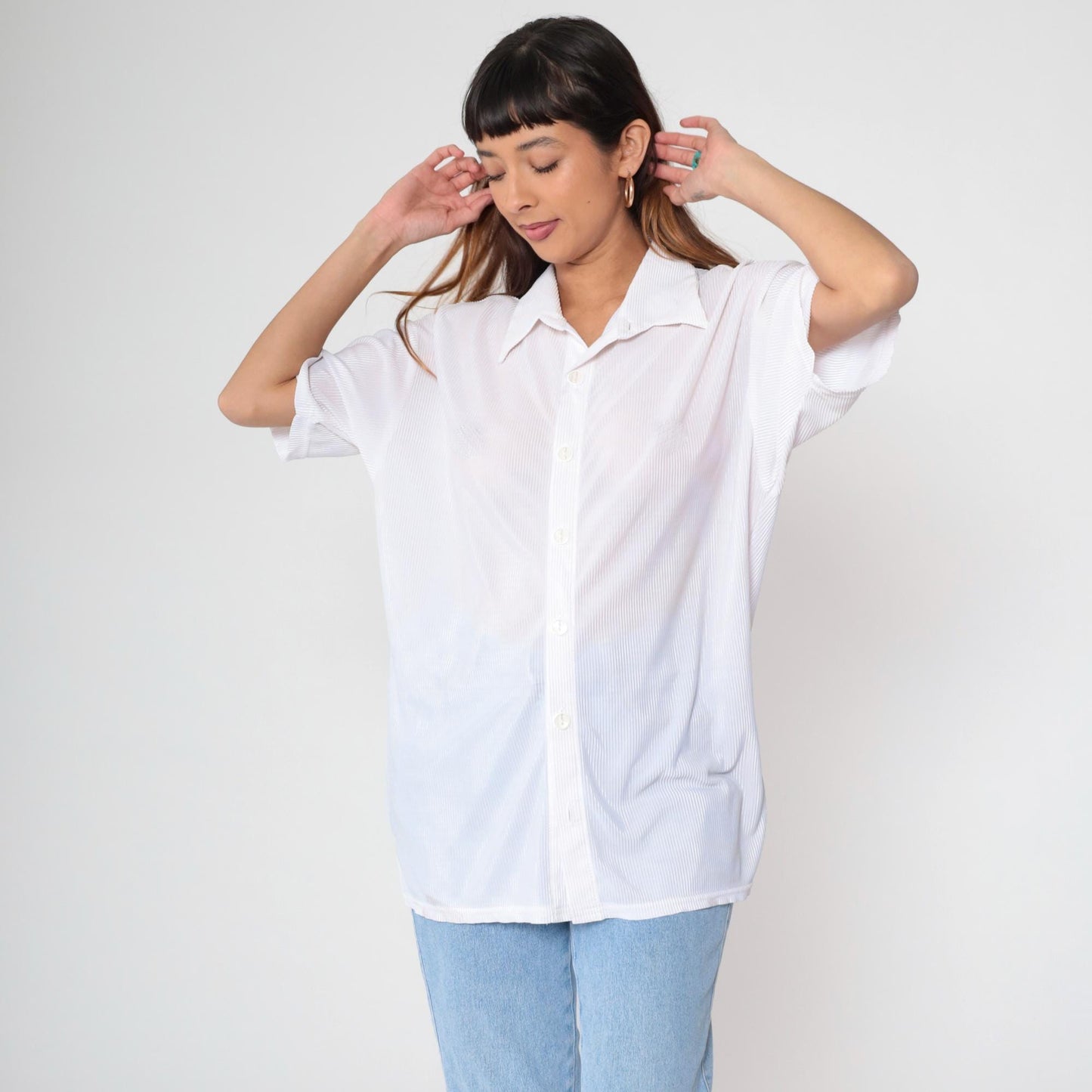 90s Positano White Ribbed Button Up Shirt Short Sleeve Collared Extra Large XL