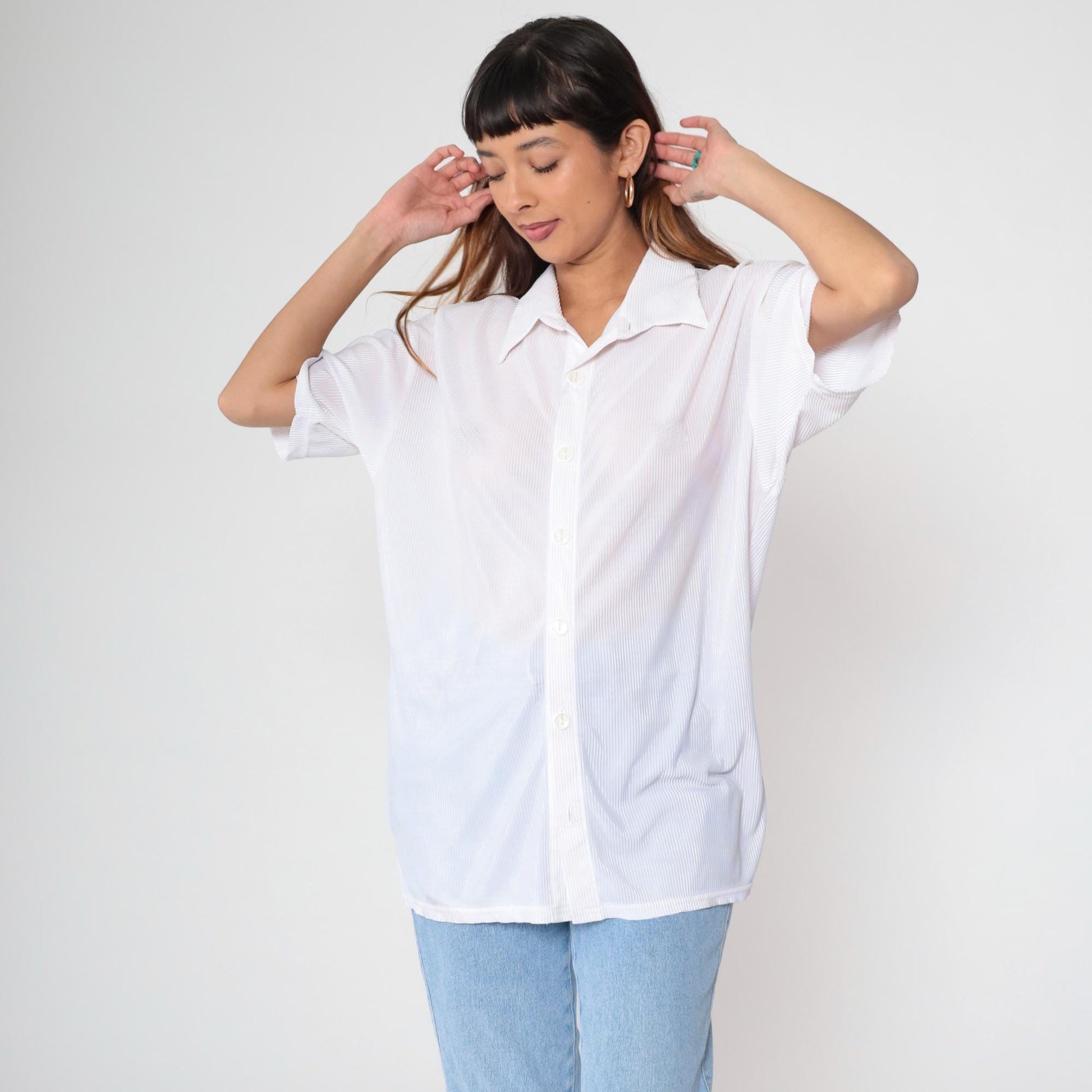 90s Positano White Ribbed Button Up Shirt Short Sleeve Collared Extra Large XL