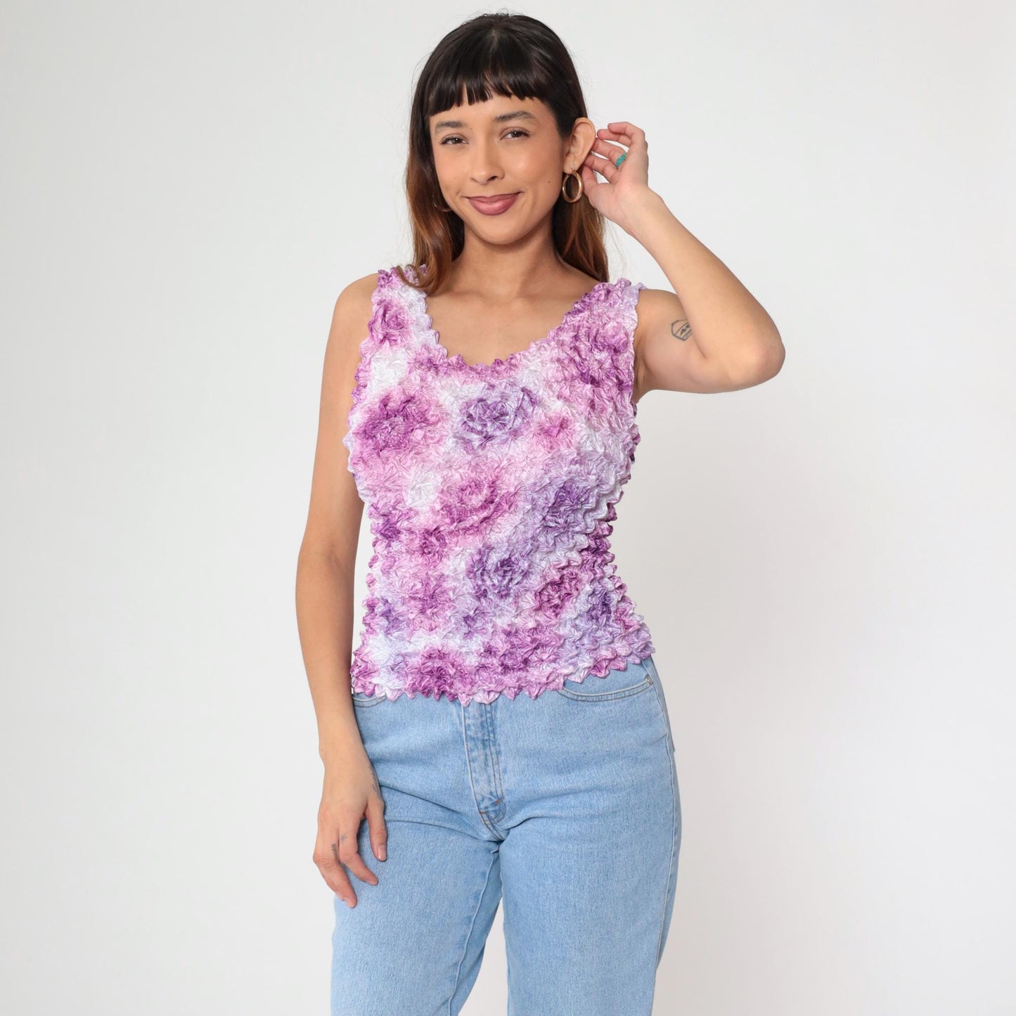 Y2K Purple Floral Popcorn Texture Tank Top Sleeveless Blouse One Size