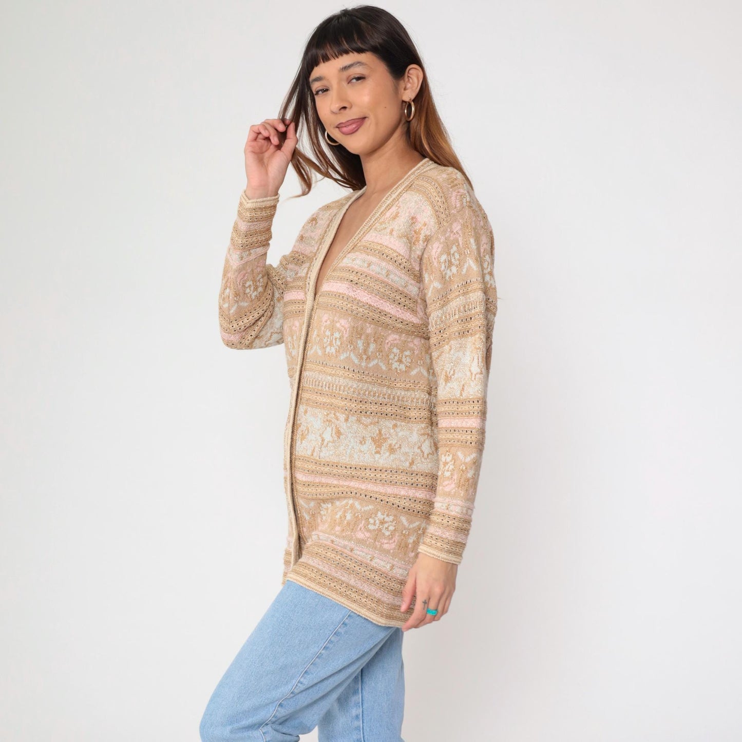 90s Lizsport Gold Floral Cardigan Sweater Tan Metallic Knit V Neck Small S