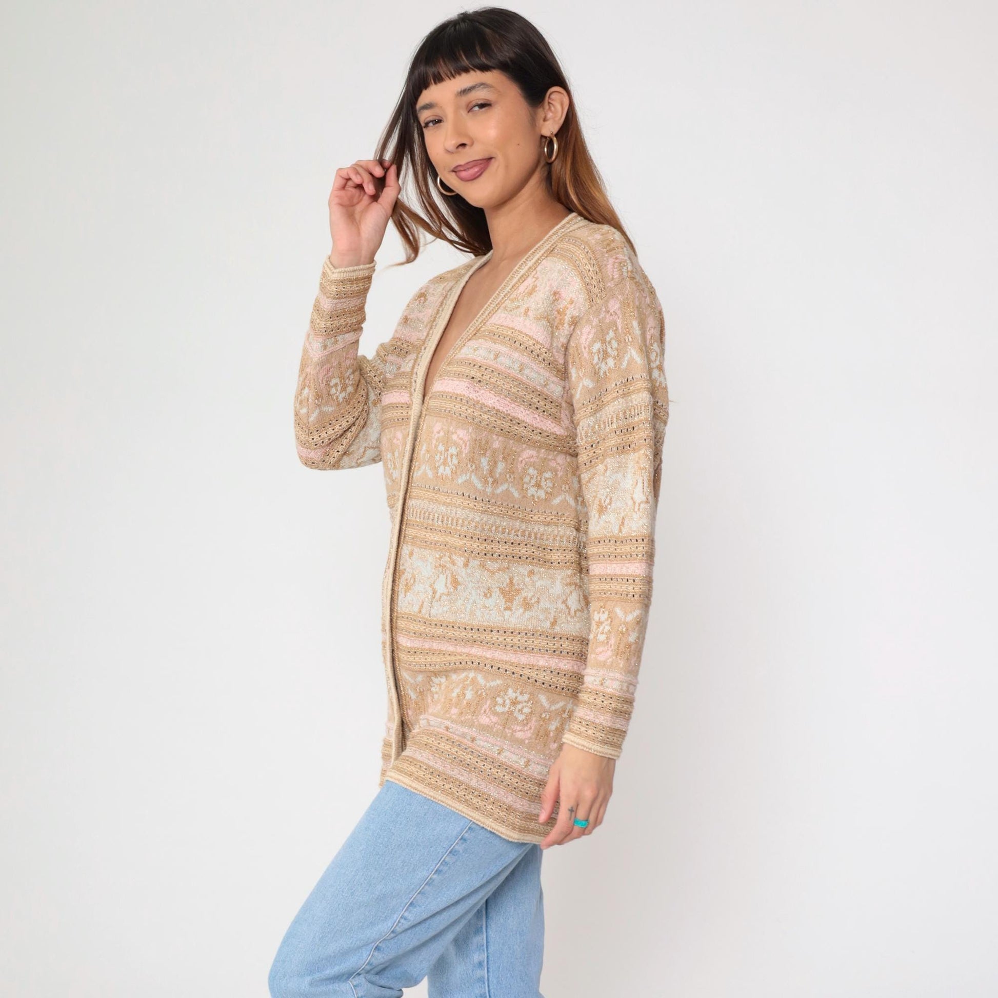 90s Lizsport Gold Floral Cardigan Sweater Tan Metallic Knit V Neck Small S