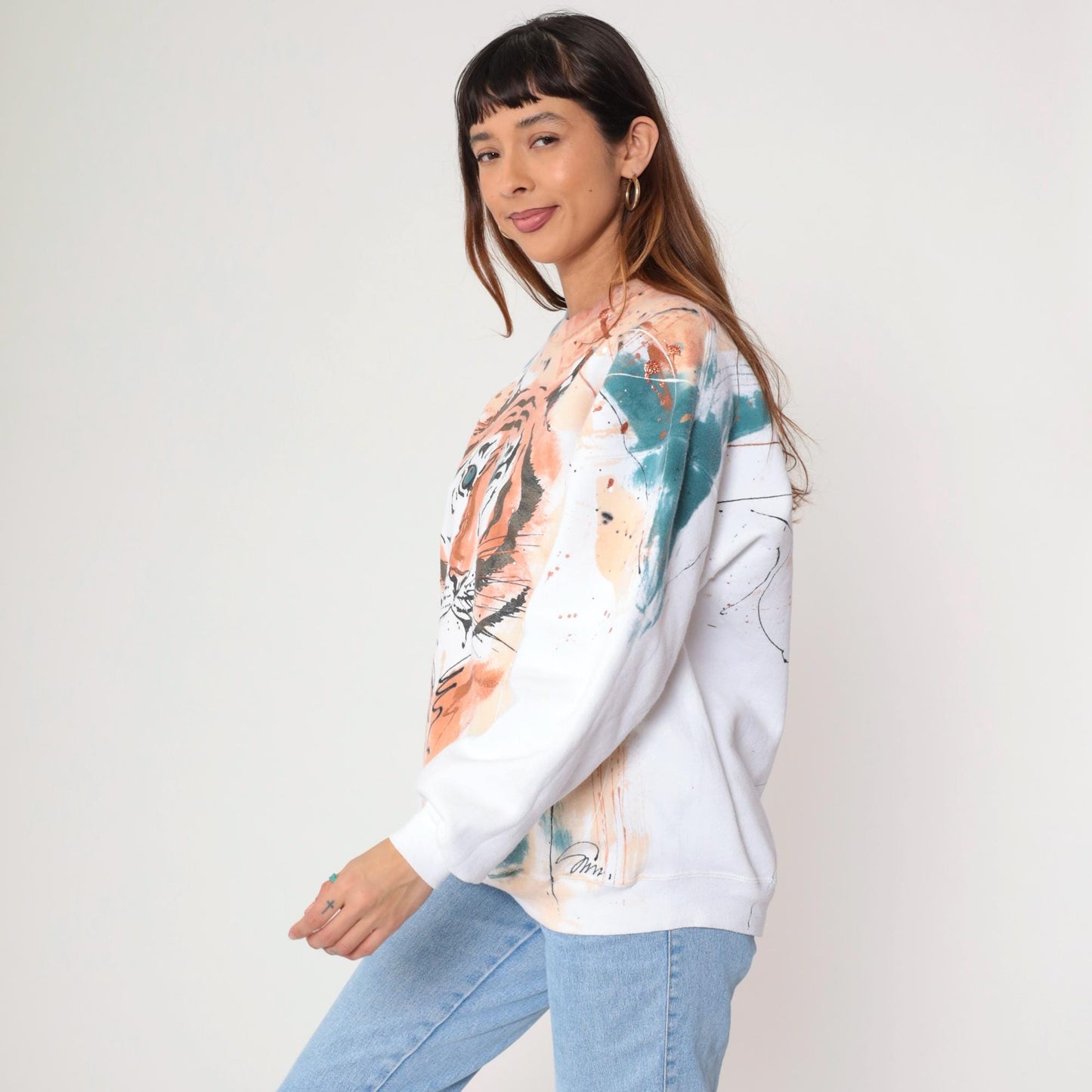 80s Hand-Painted Tiger Sweatshirt Metallic Glitter White Graphic Jumper Large L