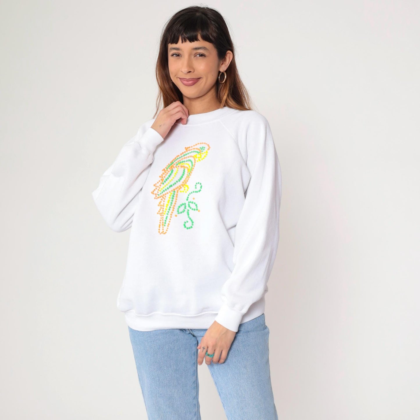 90s Neon Parrot Sweatshirt White Painted Graphic Raglan Crewneck Extra Large XL
