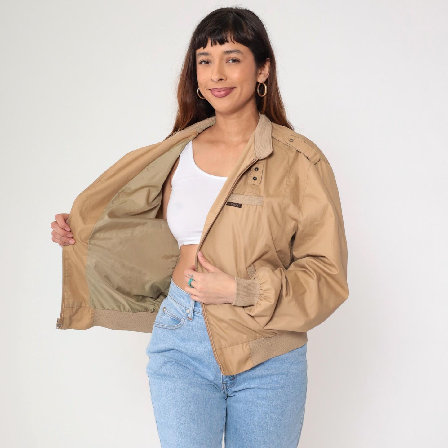 80s Members Only Tan Windbreaker Jacket Zip-Up Bomber Men's Extra Large