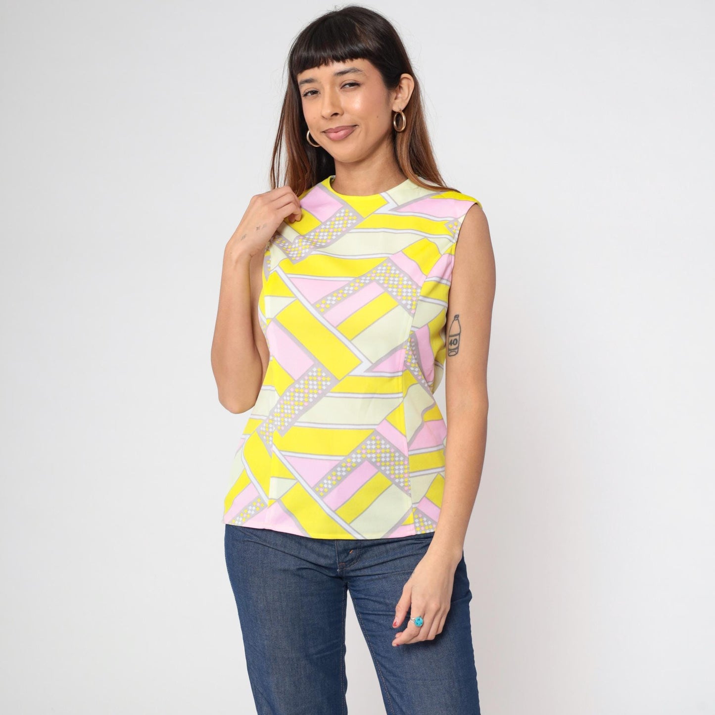 70s Geometric Tank Top Psychedelic Print Pink Yellow Sleeveless Medium M