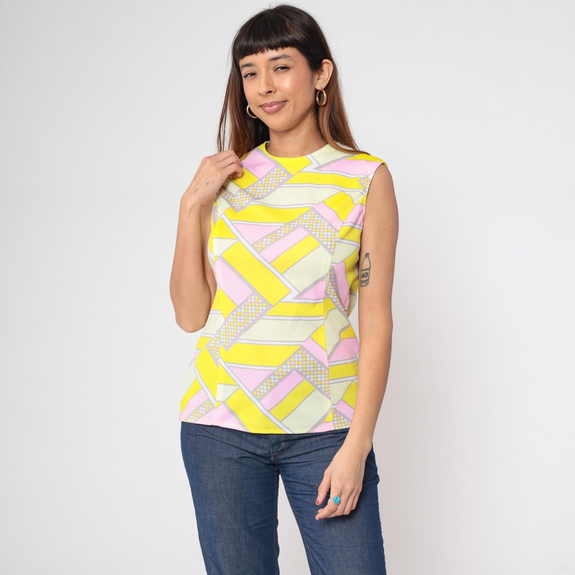 70s Geometric Tank Top Psychedelic Print Pink Yellow Sleeveless Medium M