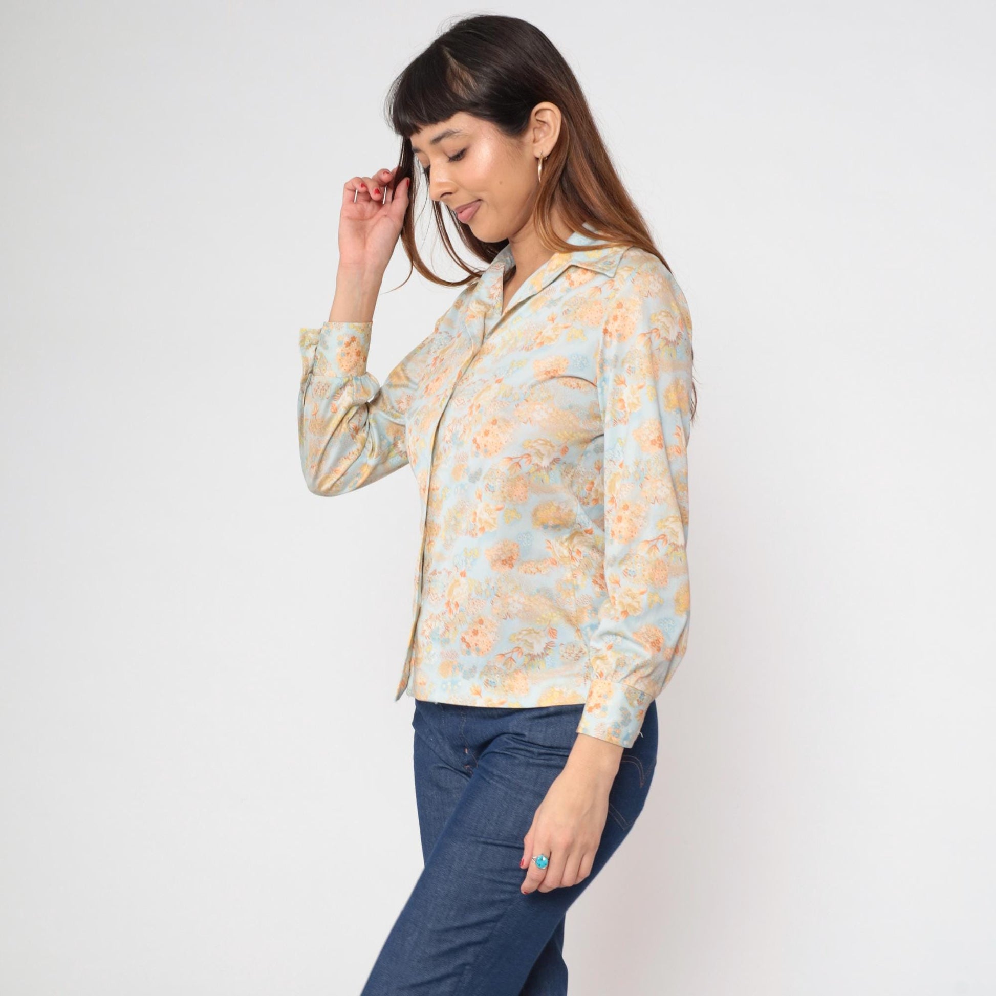 70s Sodi Floral Button-Up Blouse Blue Pointed Collar Long Sleeve Small