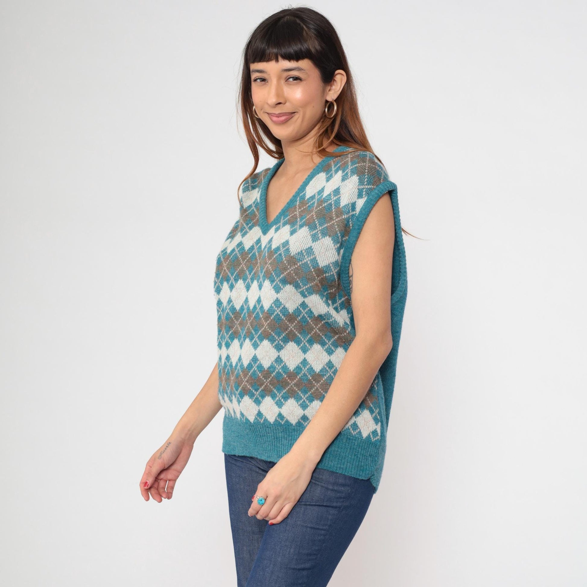 80s Turquoise Argyle Wool Acrylic Knit Vest V-Neck Sleeveless Large L