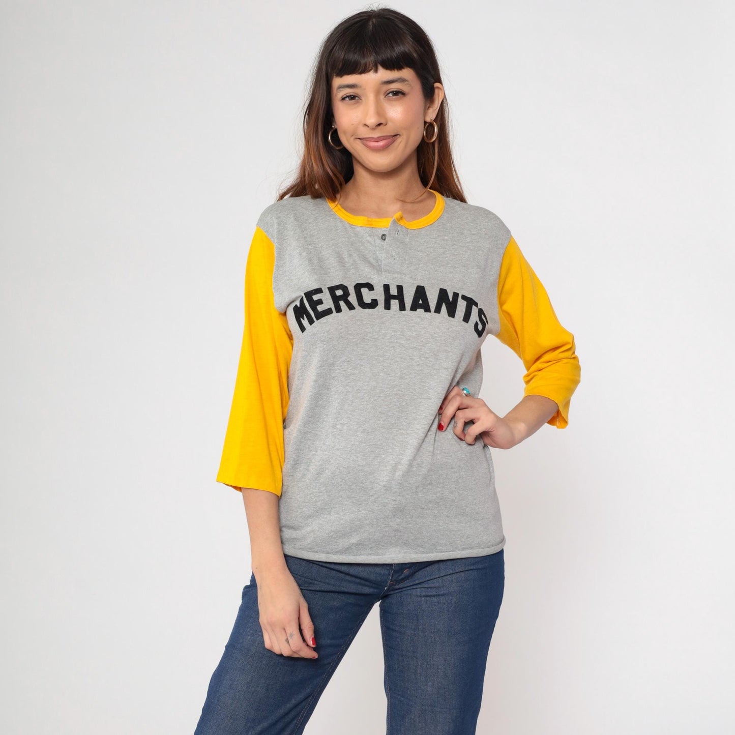 80s Merchants Baseball Shirt Grey Yellow Henley 3/4 Sleeve Medium