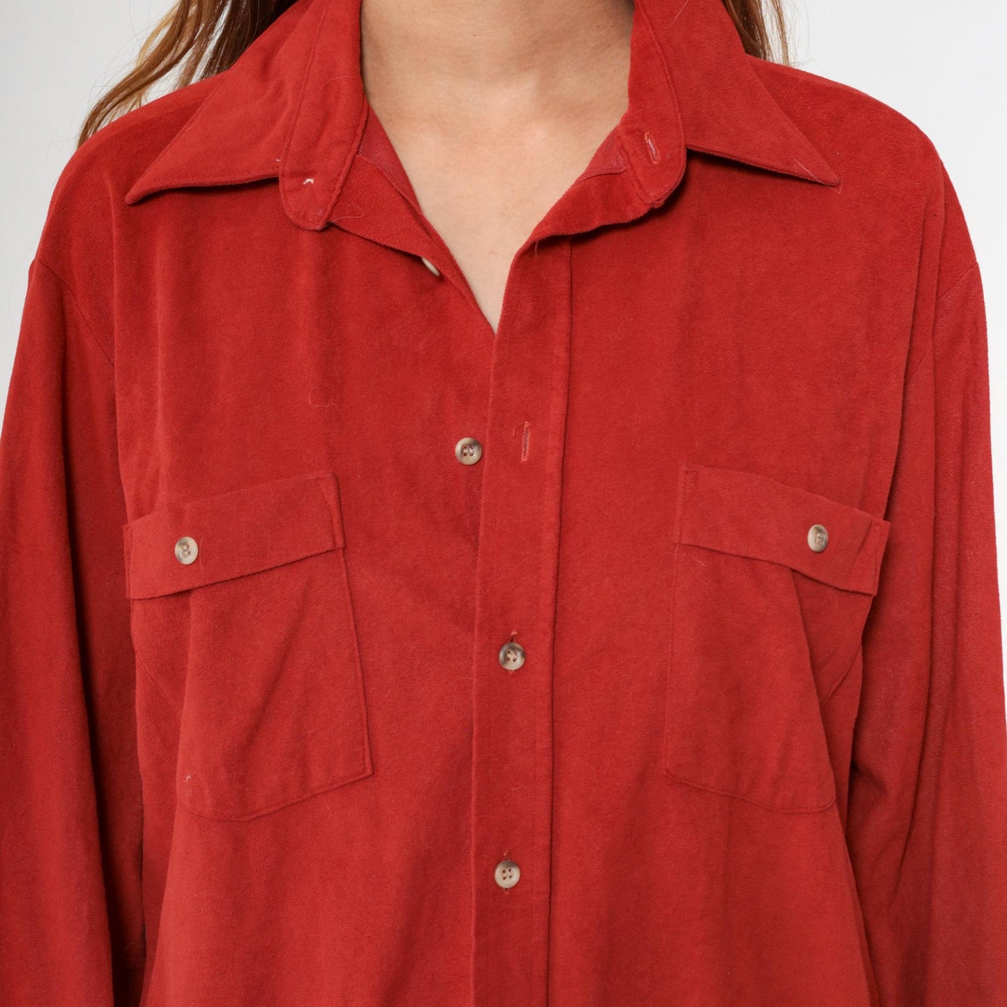 70s Prange's Rust Red Velour Button-Up Shirt Long Sleeve Collared Men's Large L