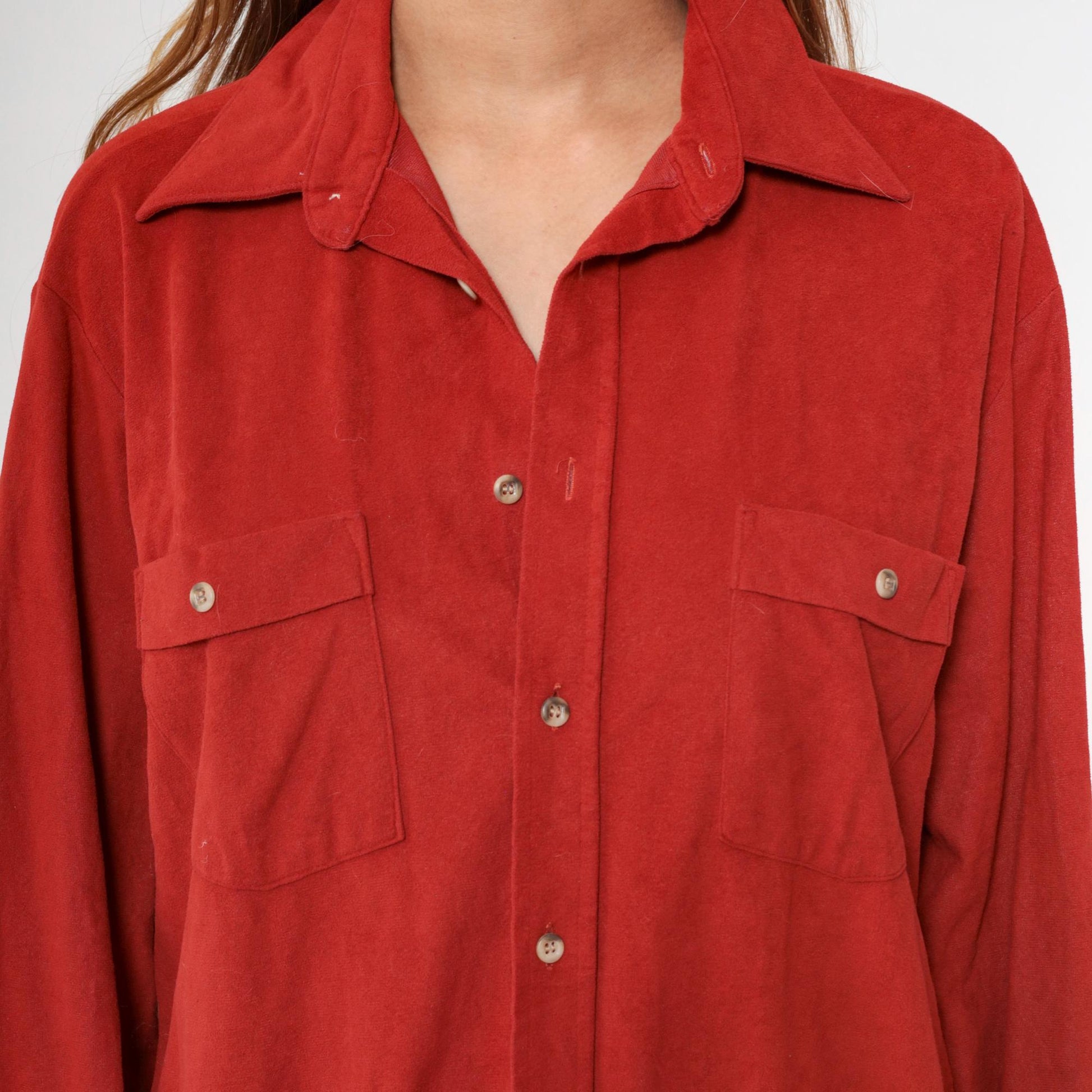 70s Prange's Rust Red Velour Button-Up Shirt Long Sleeve Collared Men's Large L
