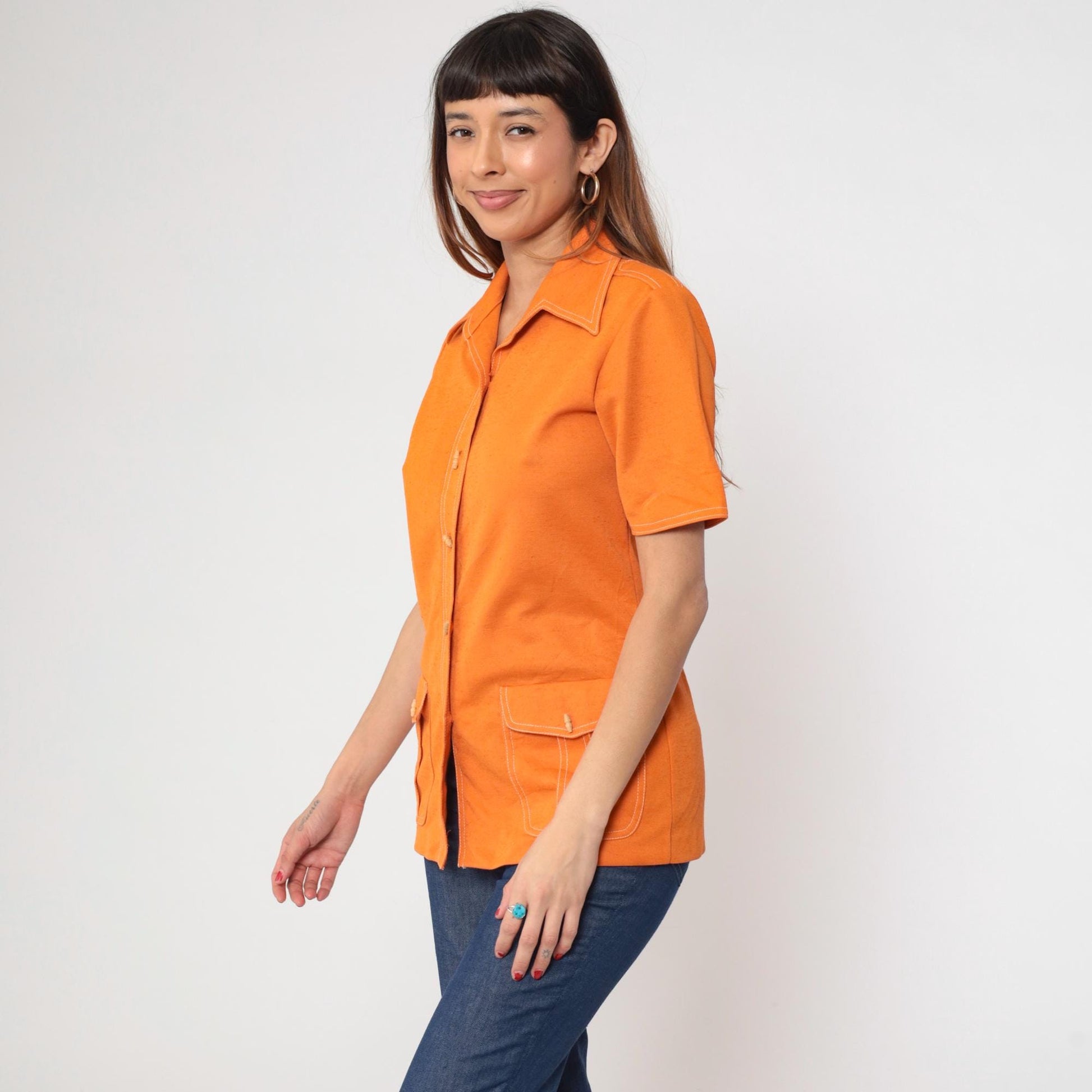 70s Koret of California Orange Button-Up Blouse Toggle Collar Short Sleeve Small