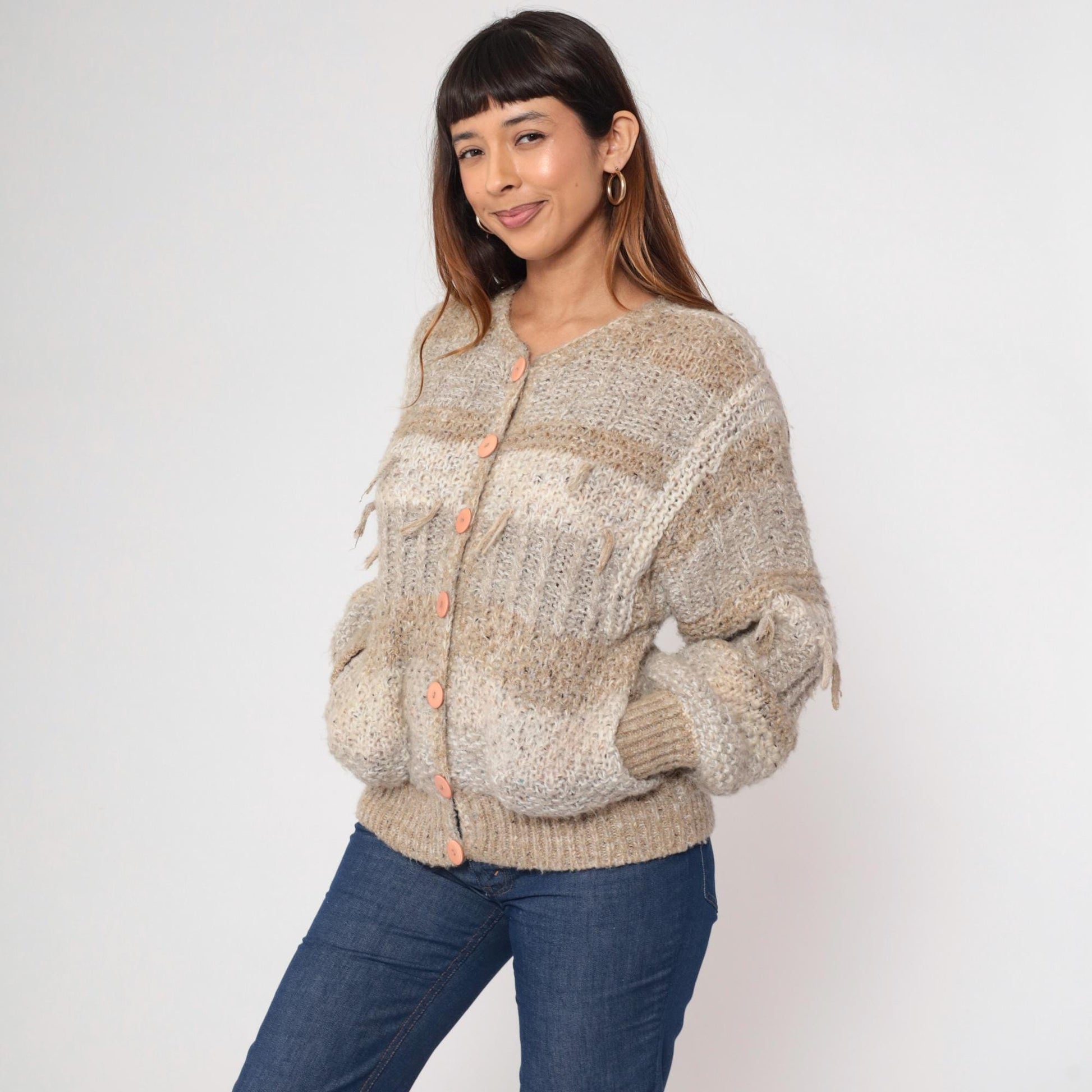 80s Sideffects Striped Cardigan Tan Grey Fringe Knit Small