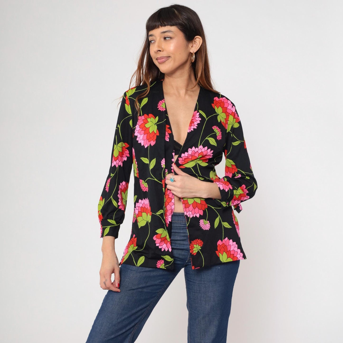 70s Black Floral Open Front Blouse Pink Green Print Long Sleeve Medium