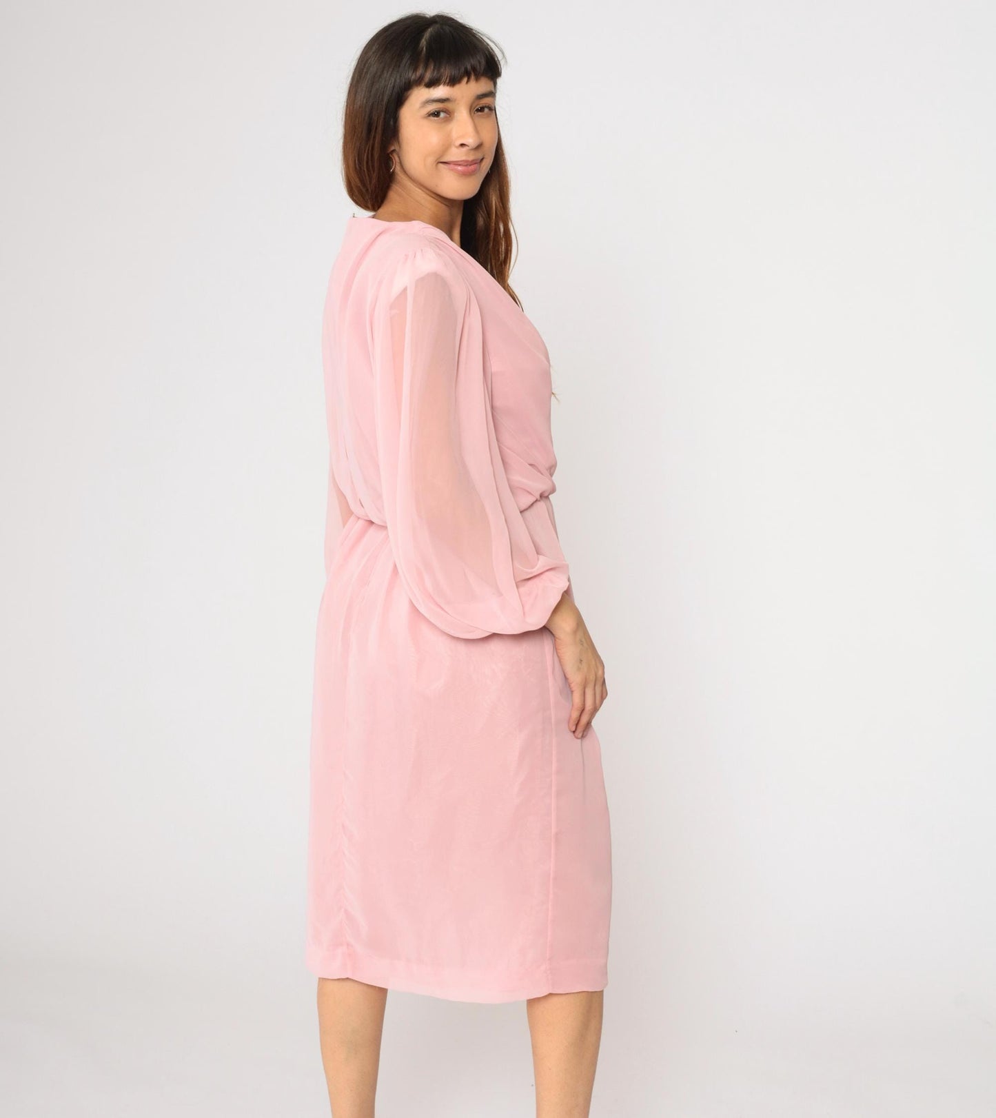 80s Susan Howard California Pink Chiffon Cowl Neck Midi Dress Medium M