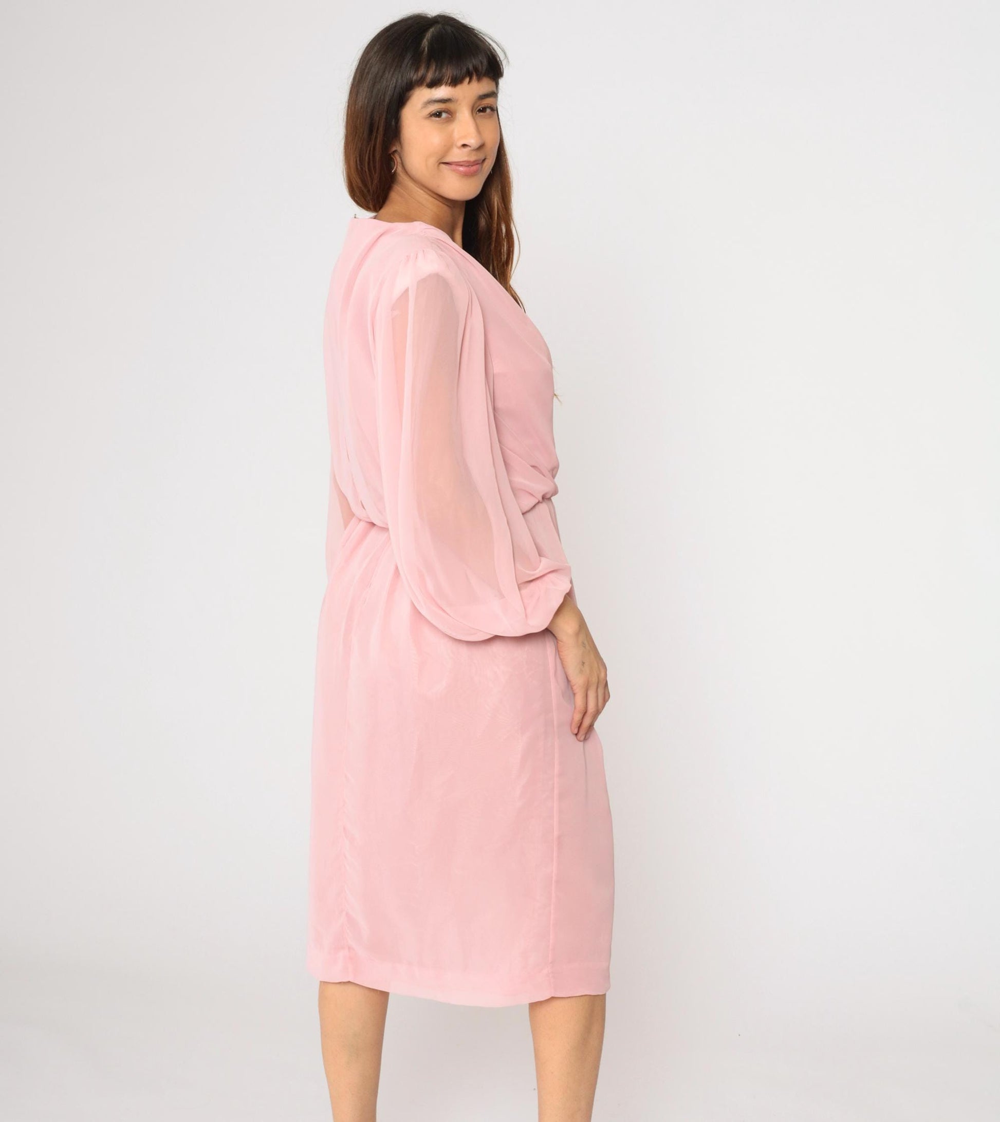 80s Susan Howard California Pink Chiffon Cowl Neck Midi Dress Medium M