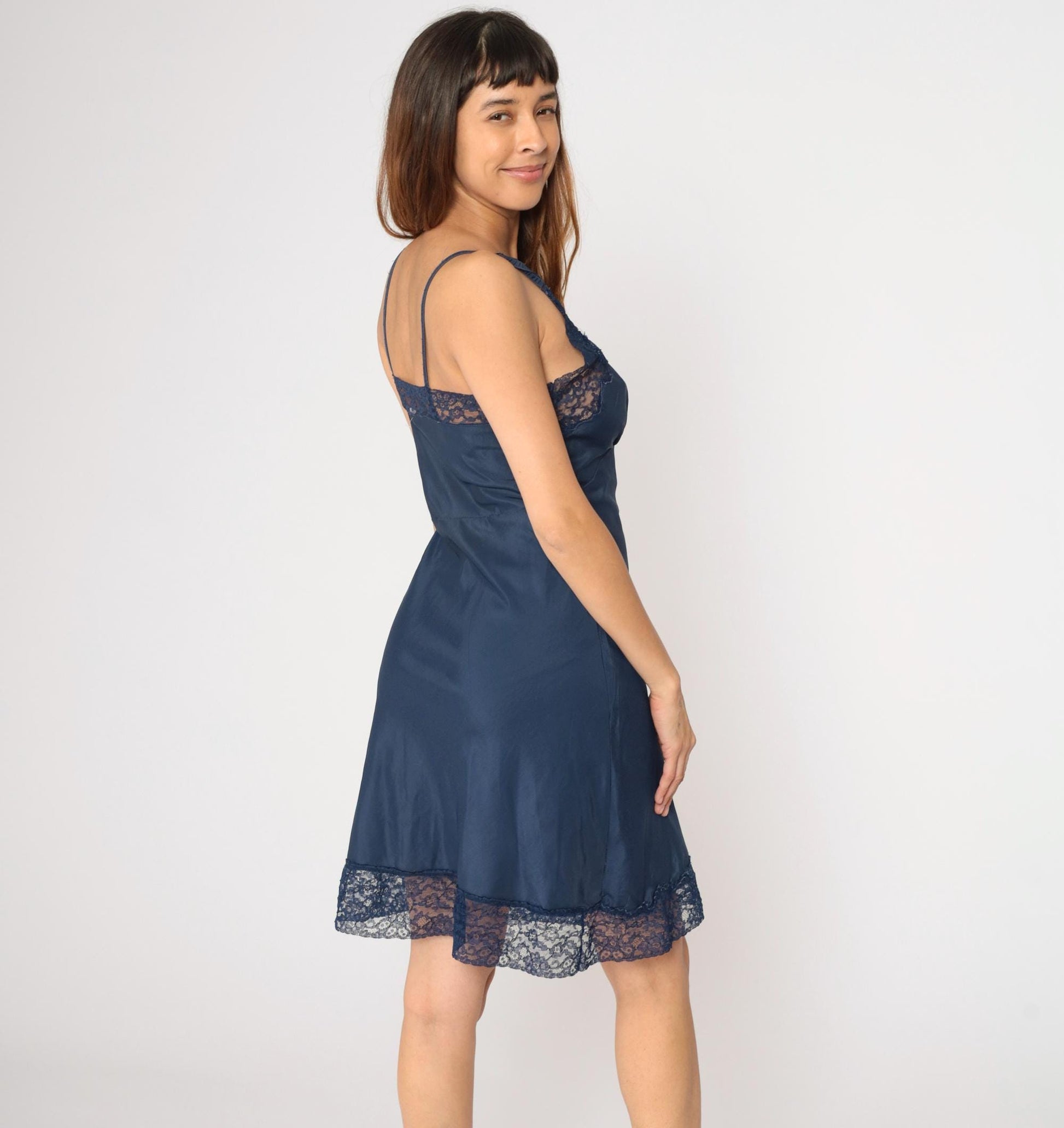 60s Navy Slip Dress Lace Trim Empire Waist Spaghetti Strap Medium