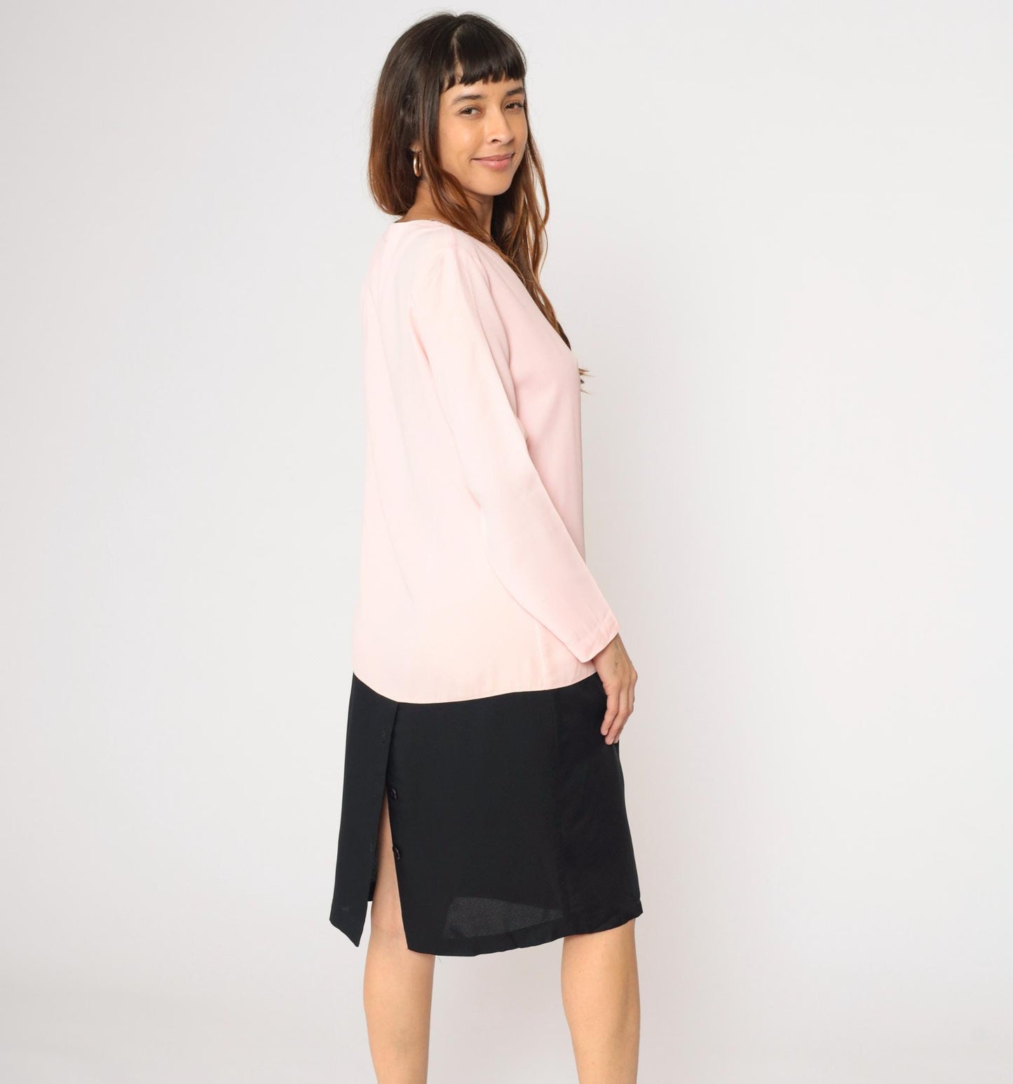 80s Pink Black Colorblock Dress Button Up Knee Length Medium