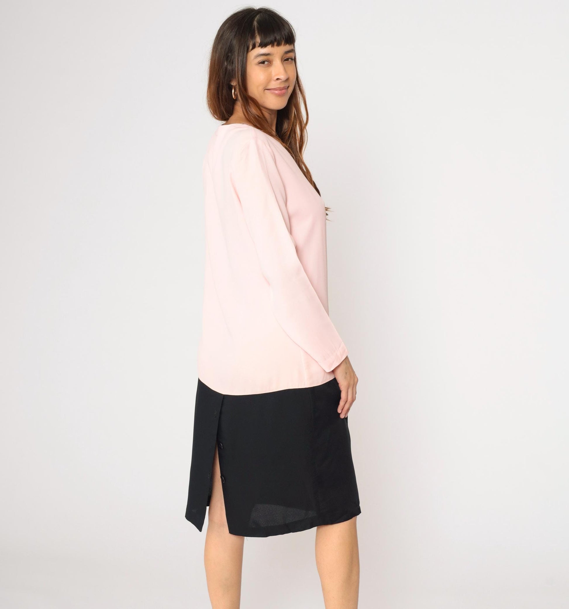 80s Pink Black Colorblock Dress Button Up Knee Length Medium