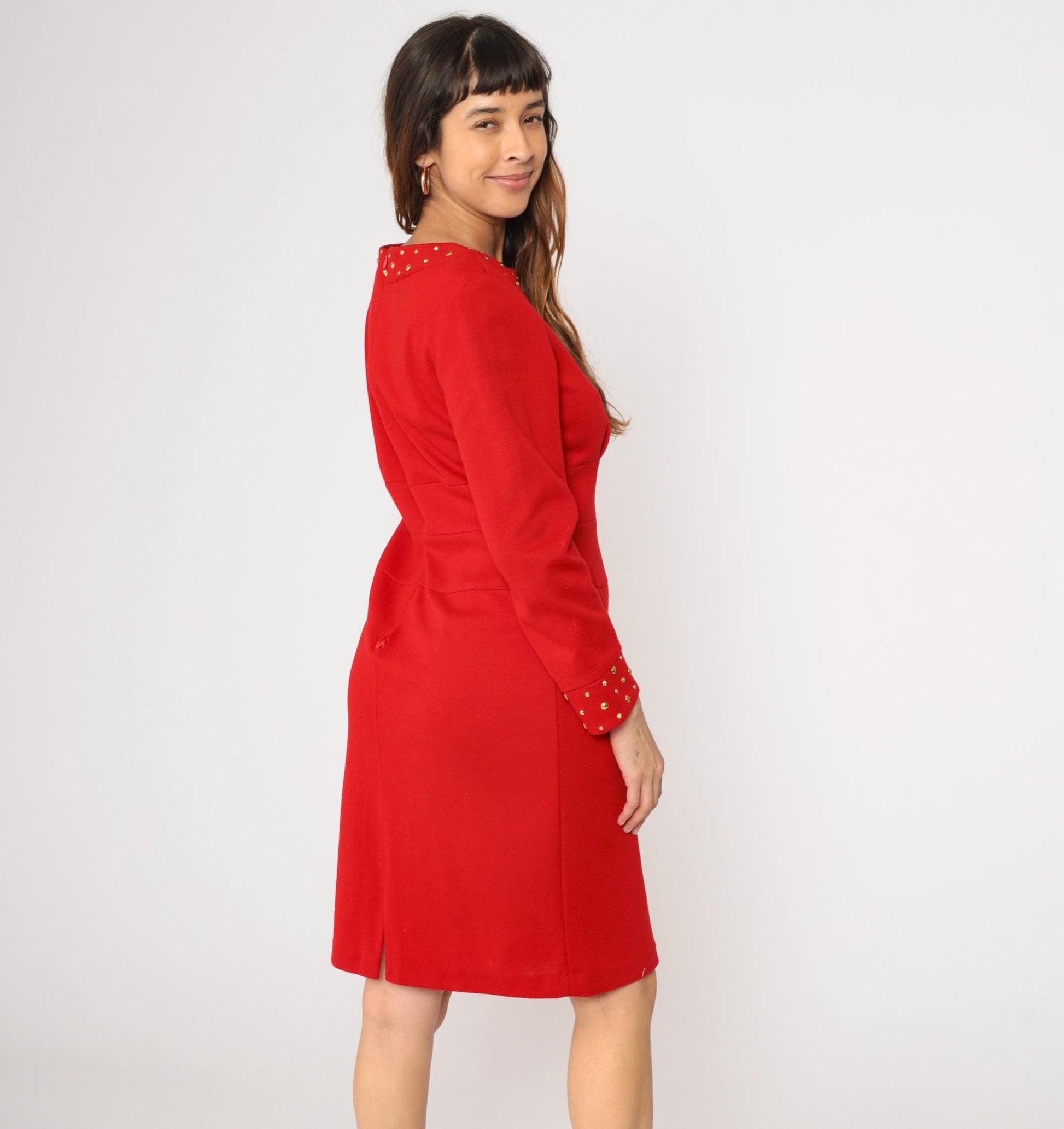 80s Nicole Studio Red Studded Knit Dress Gold Trim Pencil High Waist Medium
